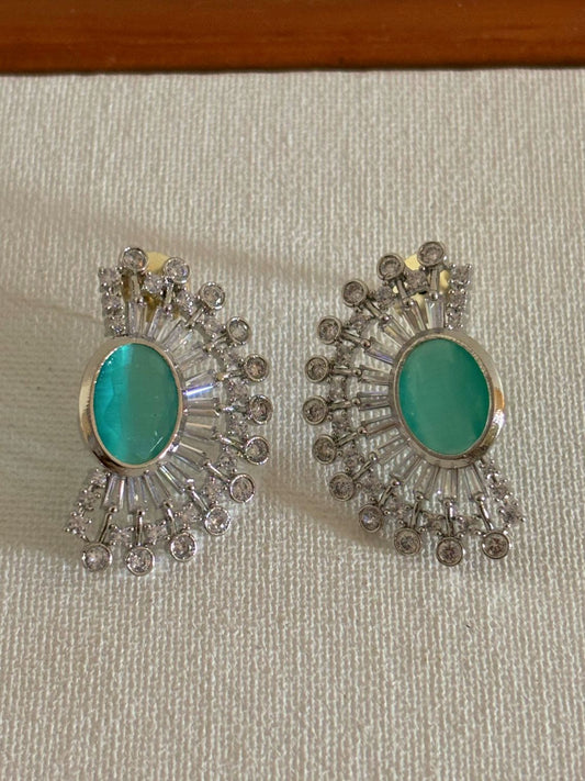 Shop women's luxury mint green stone AD ear cuffs online. Shop from an exclusive range of zircon earrings, bridal AD jewelry, silver plated earrings, rhodium plated jewellery, AD earrings, AD necklace sets for weddings, engagements and parties.  -front