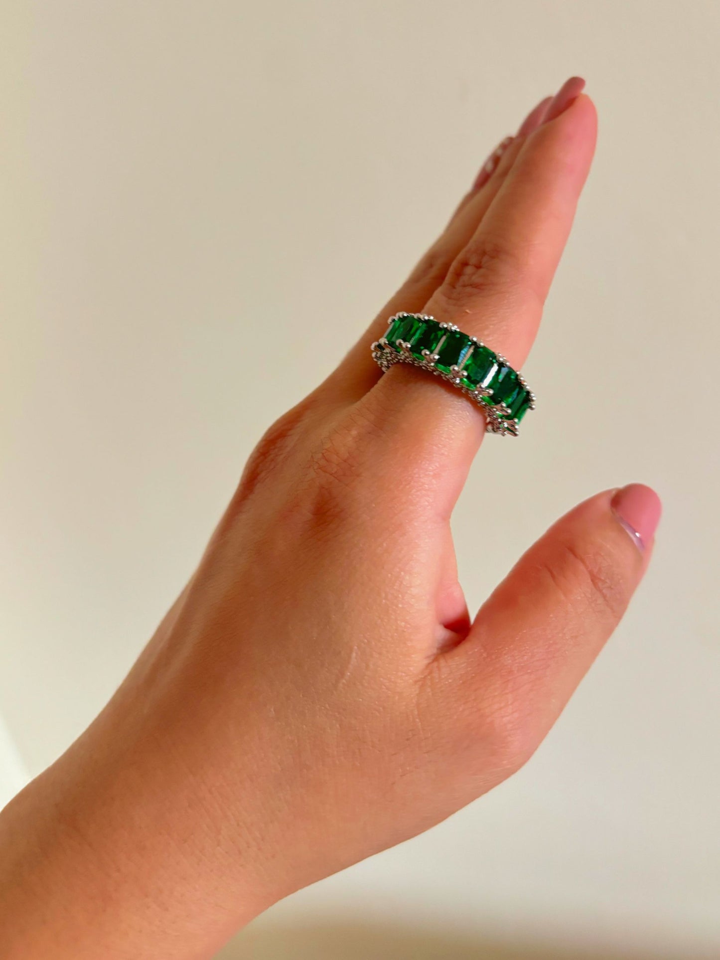 Shop Adjustable Green Baguette Stone Stack Ring online in India. Shop from an exclusive range of zircon jewellery, bridal wedding jewellery, silver plated earrings, rhodium plated rings, AD rings, AD earrings for office parties, cocktail dresses and sangeet night. -Side