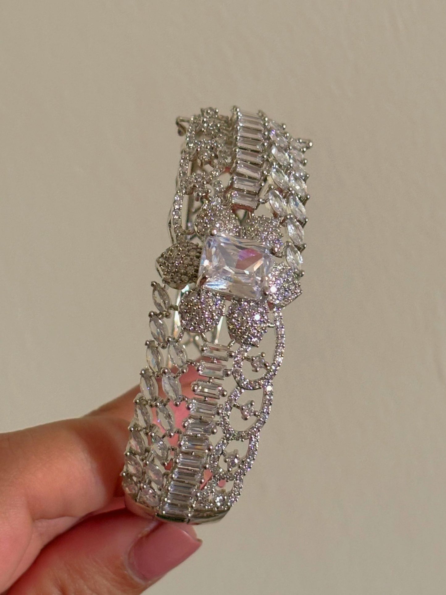 Shop Glam Game Rhodium Plated AD Bracelet In White online in India. Shop from an exclusive range of zircon jewellery, bridal wedding jewellery, silver plated earrings, rhodium plated rings, AD rings, AD earrings for weddings, engagement, cocktail night & parties. -side