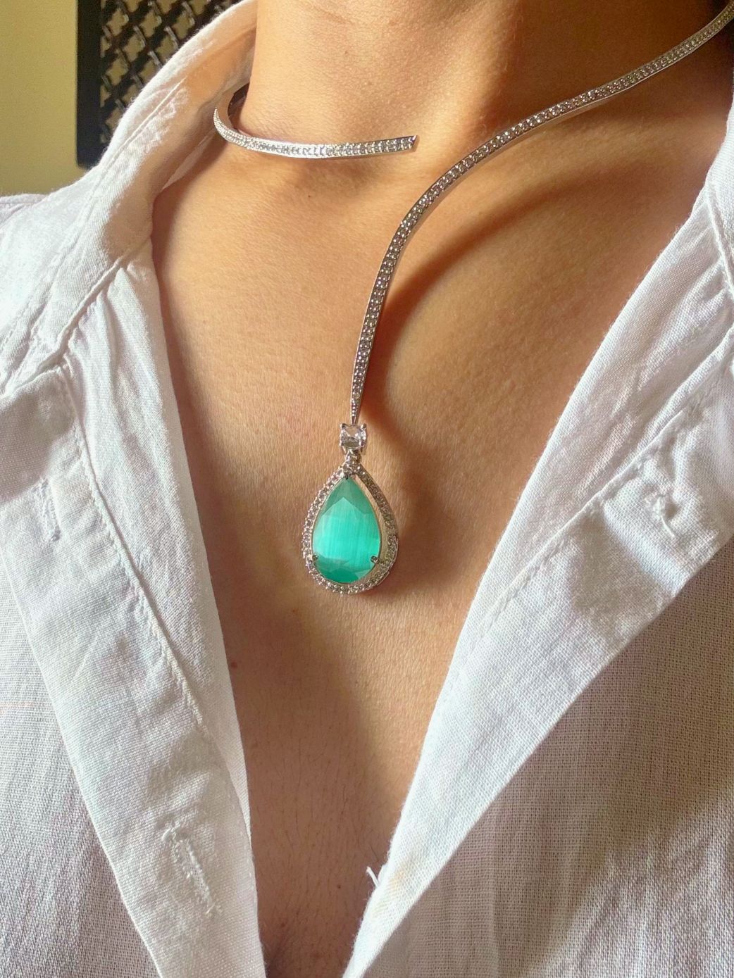 Shop Hasli Set With Mint Green Drop in AD online in India. Perfect for brides seeking elegant AD jewellery online. Explore premium bridal jewellery online in AD, ideal for Indian weddings and special occasions. Shop AD jewellery in green stone online. -second