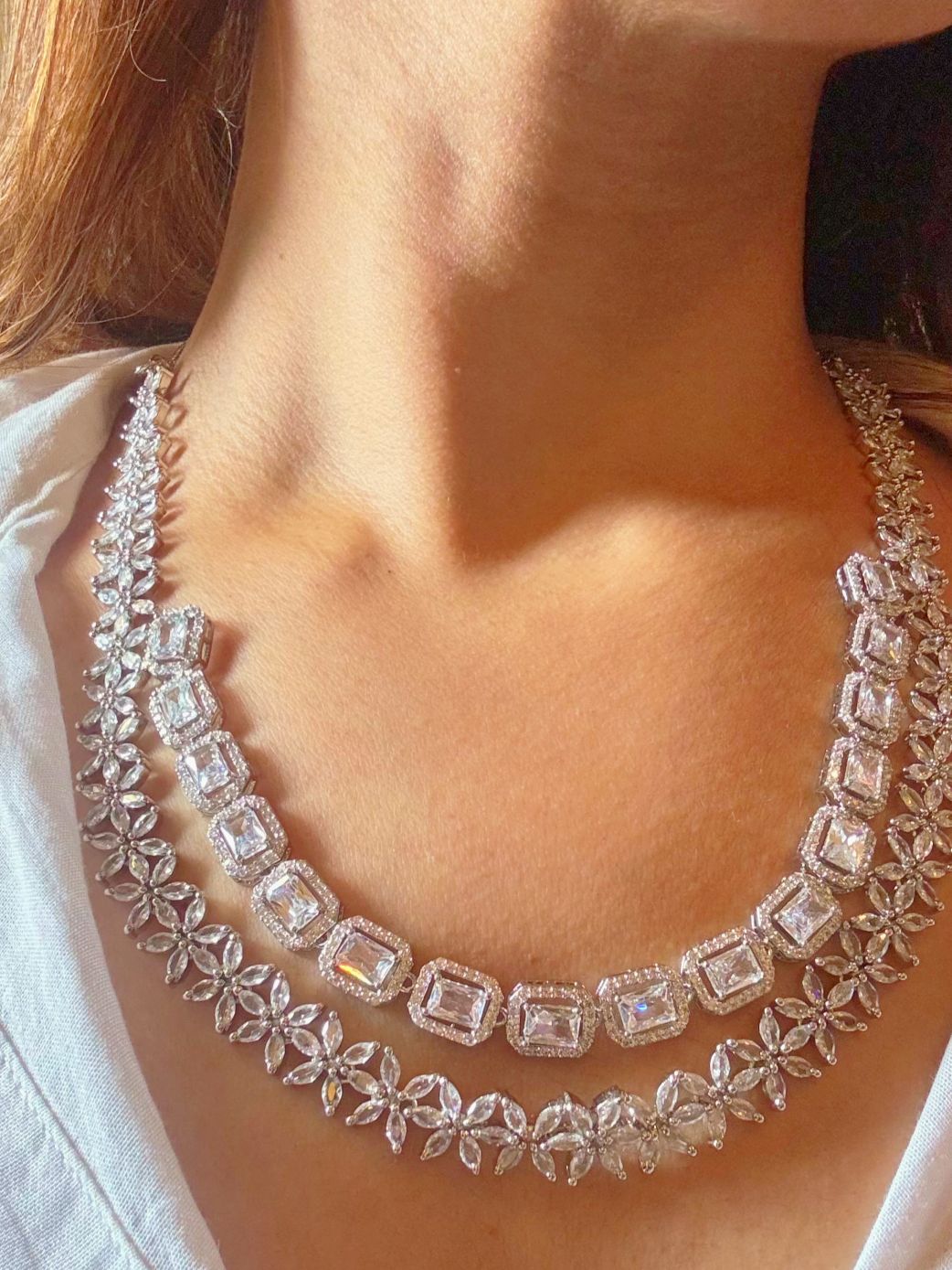 Shop Diamond Look bridal AD Necklace in India. Explore elegant bridal AD jewellery online. Shop premium bridal jewellery sets in Zircon, AD, Kundan, Victorian Diamond. Collection best suited for Indian weddings, parties and special occasions. Choose AD Necklace In White stone for sarees, lehengas and coats. -First