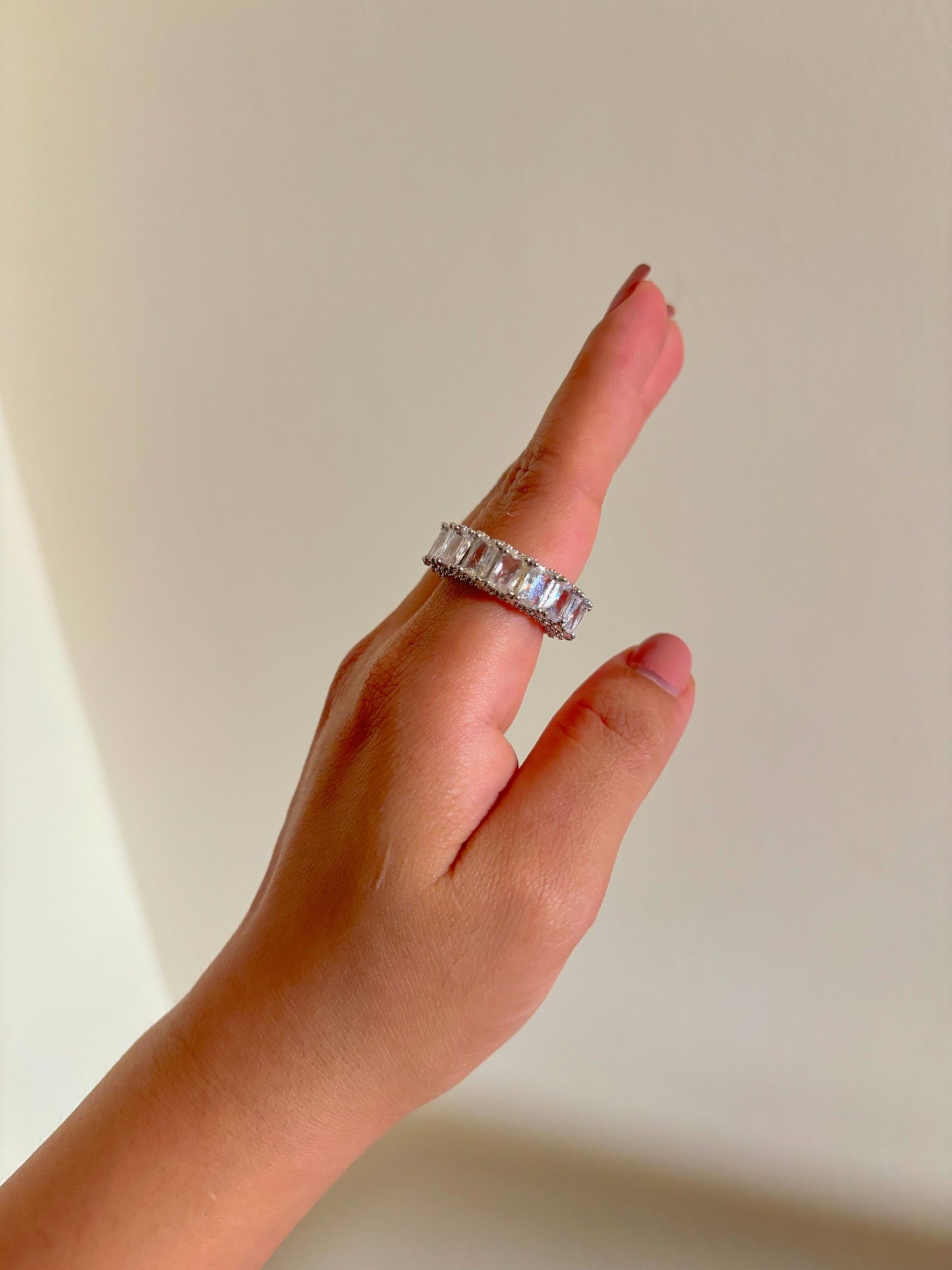 Shop Adjustable White Baguette Stone Stack Ring online in India. Shop from an exclusive range of zircon jewellery, bridal wedding jewellery, silver plated earrings, rhodium plated rings, AD rings, AD earrings for office parties, cocktail dresses and sangeet night. -side