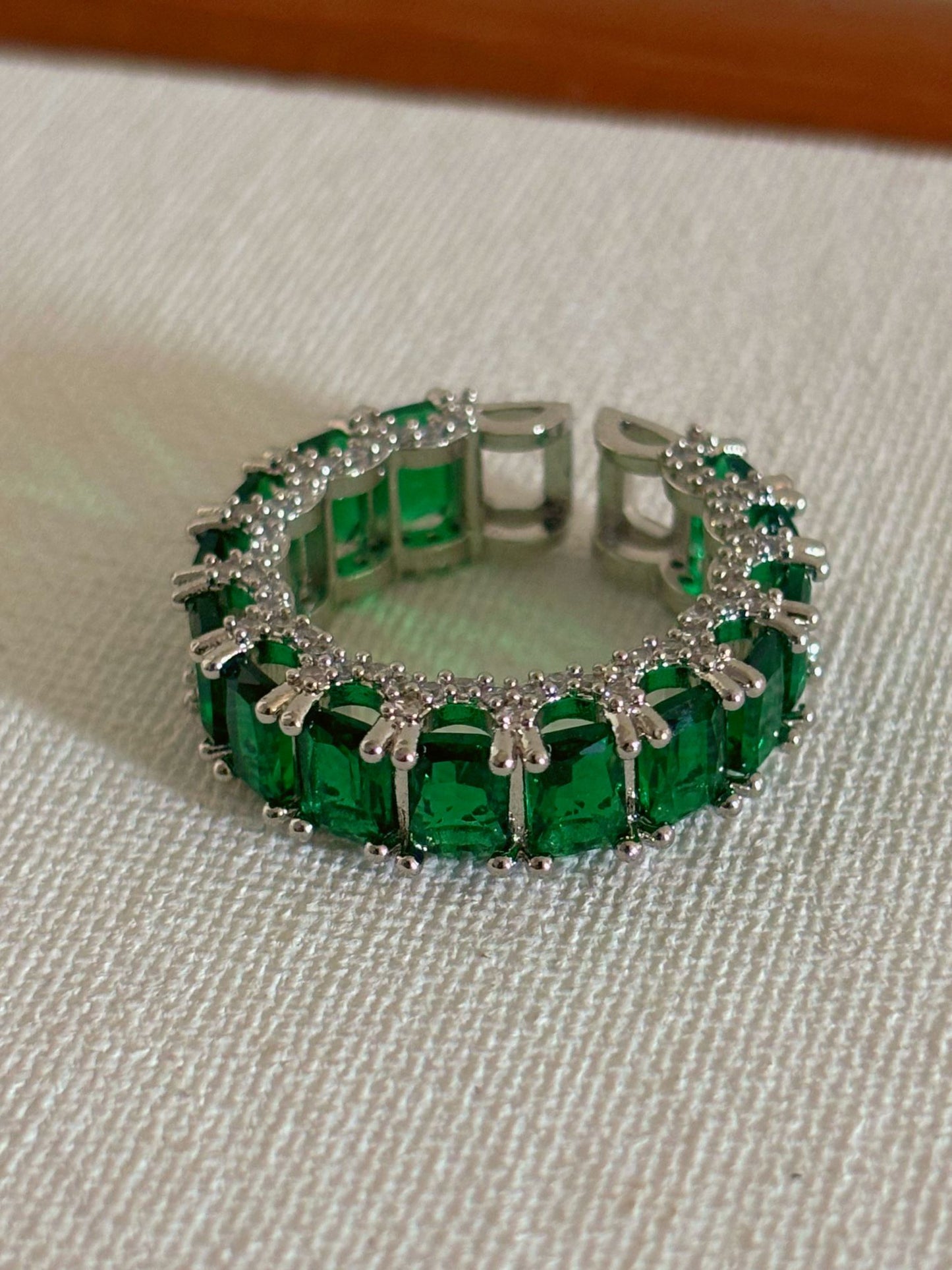 Shop Adjustable Green Baguette Stone Stack Ring online in India. Shop from an exclusive range of zircon jewellery, bridal wedding jewellery, silver plated earrings, rhodium plated rings, AD rings, AD earrings for office parties, cocktail dresses and sangeet night. -back