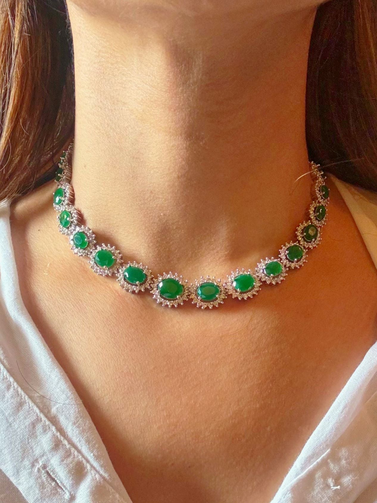 Shop Light Partywear AD Necklace in India. Explore elegant bridal AD jewellery online. Shop premium bridal jewellery sets in Zircon, AD, Kundan, Victorian Diamond. Collection best suited for Indian weddings, parties and special occasions. Choose AD Necklace In Green stone for weddings, sangeet and engagement. -first