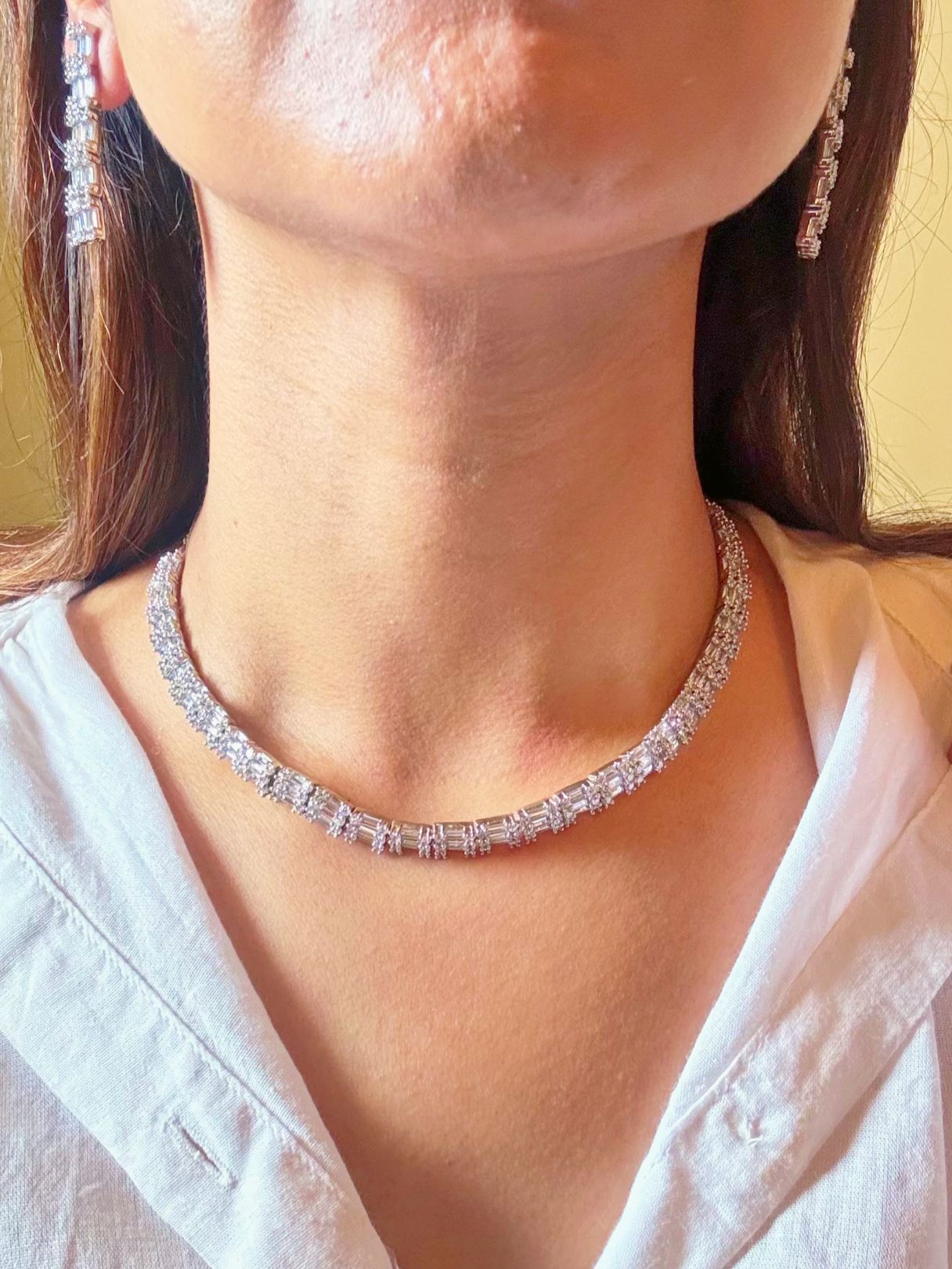 Shop Baguette Diamond AD String Necklace in India. Women of all age can buy online. Explore elegant bridal AD jewellery online. Shop premium bridal jewellery sets in Zircon, AD, Kundan, Victorian Diamond. Collection best suited for Indian weddings, parties and special occasions. Choose Diamond AD strings for sarees, lehengas and coats. - Neck