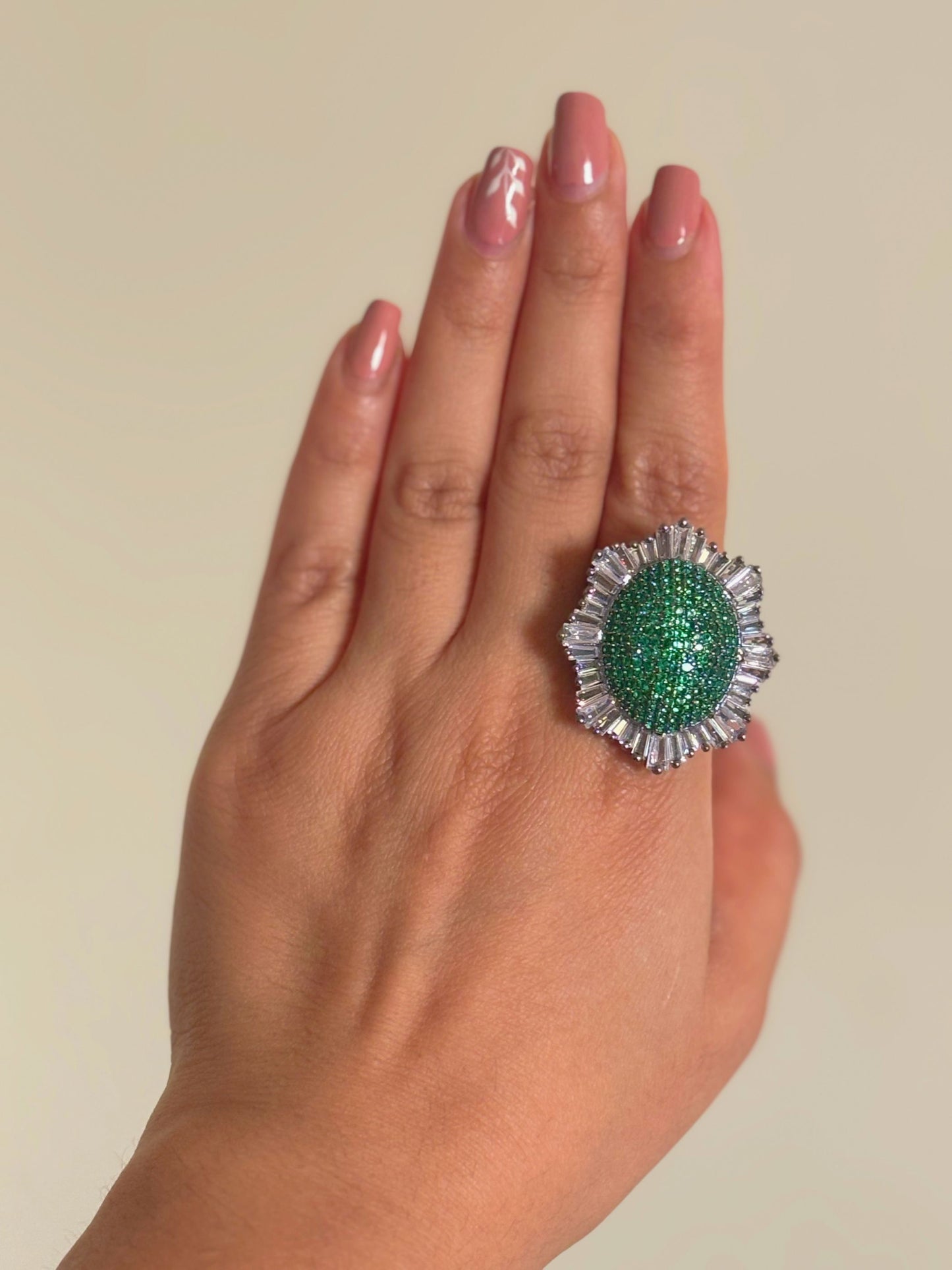 Shop Nano Setting Green Stone Cocktail AD Ring online in India. Shop from an exclusive range of zircon jewellery, bridal wedding jewellery, silver plated earrings, rhodium plated rings, AD rings, AD earrings for office parties, cocktail dresses and sangeet night. -front