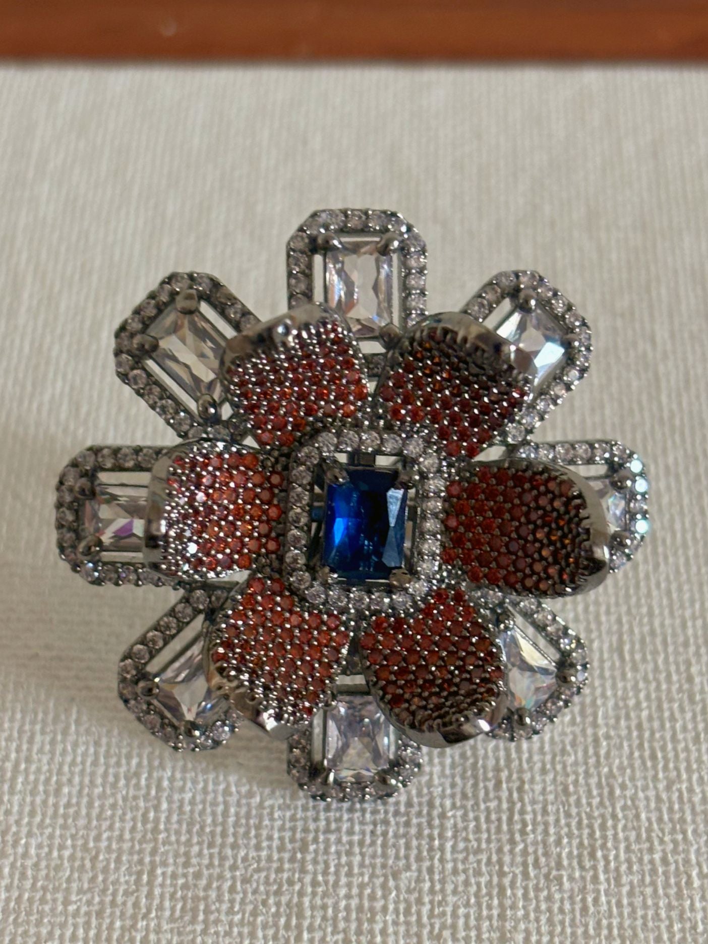 Shop Adjustable Nano Setting Floral Shape AD Cocktail Ring online in India. Shop from an exclusive range of zircon jewellery, bridal wedding jewellery, silver plated earrings, rhodium plated rings, AD rings, AD earrings for office parties, cocktail dresses and sangeet night. -full