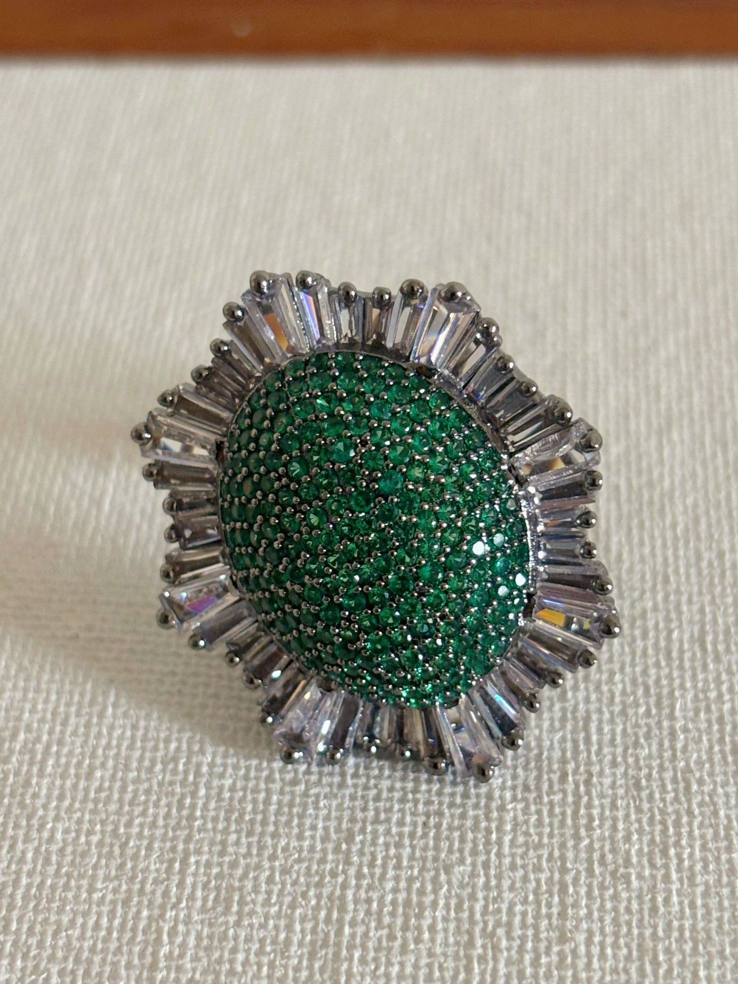 Shop Nano Setting Green Stone Cocktail AD Ring online in India. Shop from an exclusive range of zircon jewellery, bridal wedding jewellery, silver plated earrings, rhodium plated rings, AD rings, AD earrings for office parties, cocktail dresses and sangeet night. -Full