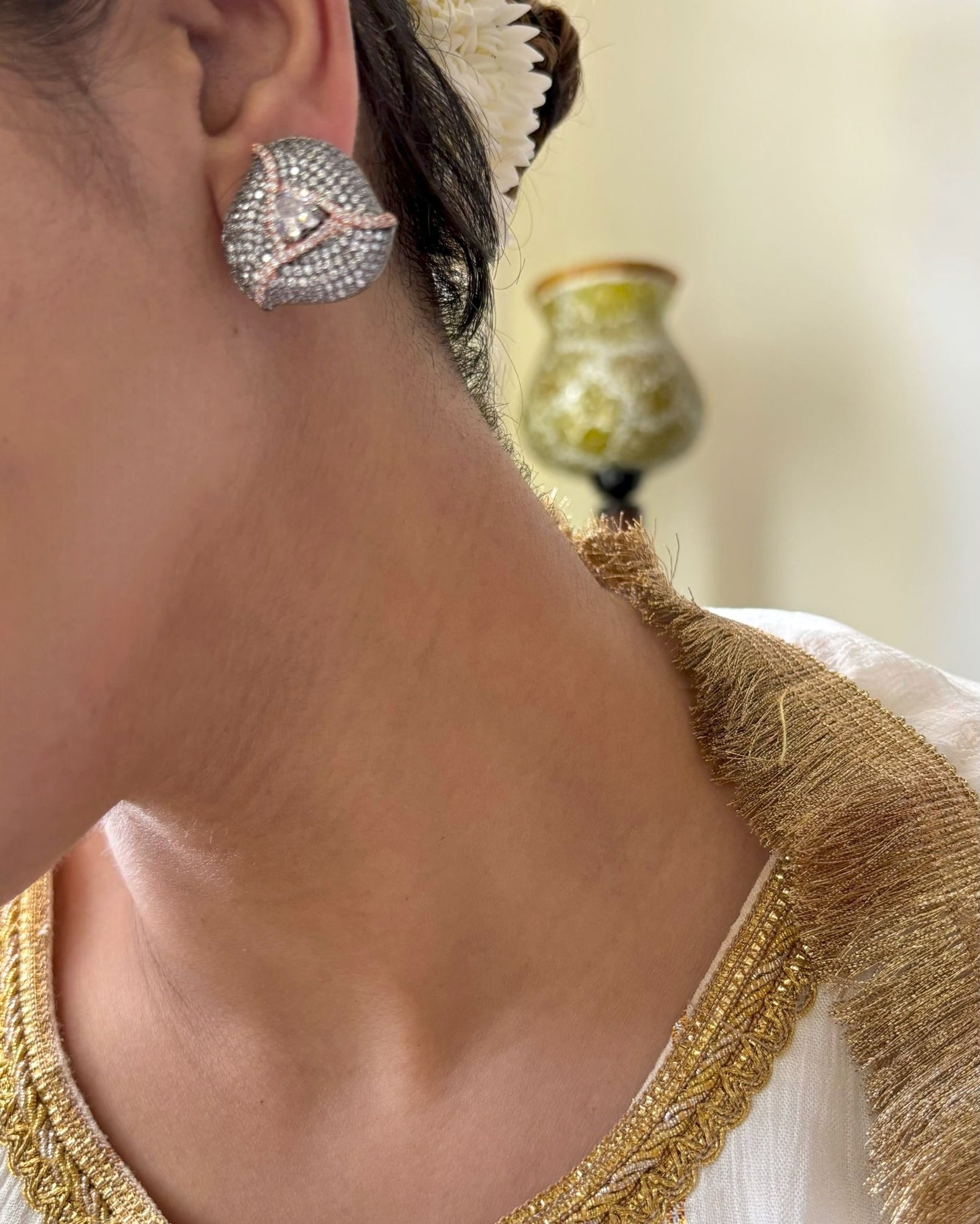 Shop Antique Finish Nano Setting Studs In AD online in India. Shop from an exclusive range of zircon jewellery, Indian wedding jewelry, gold plated earrings, rhodium plated jewellery, AD earrings, AD necklace sets for weddings, engagements and parties. -front