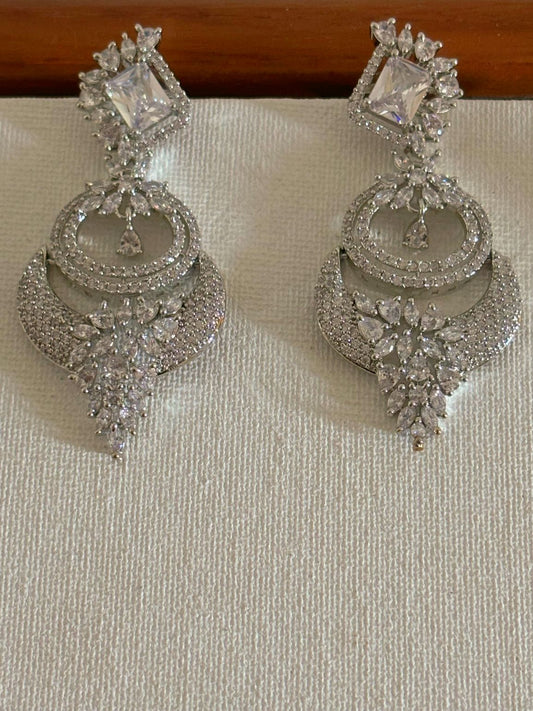 Shop women's Designer AD Earrings With White Stones online in India. Shop from an exclusive range of zircon jewellery, bridal wedding jewelry, silver plated earrings, rhodium plated jewellery, AD earrings, AD necklace sets for Lehengas, suits, sarees and gowns. -front