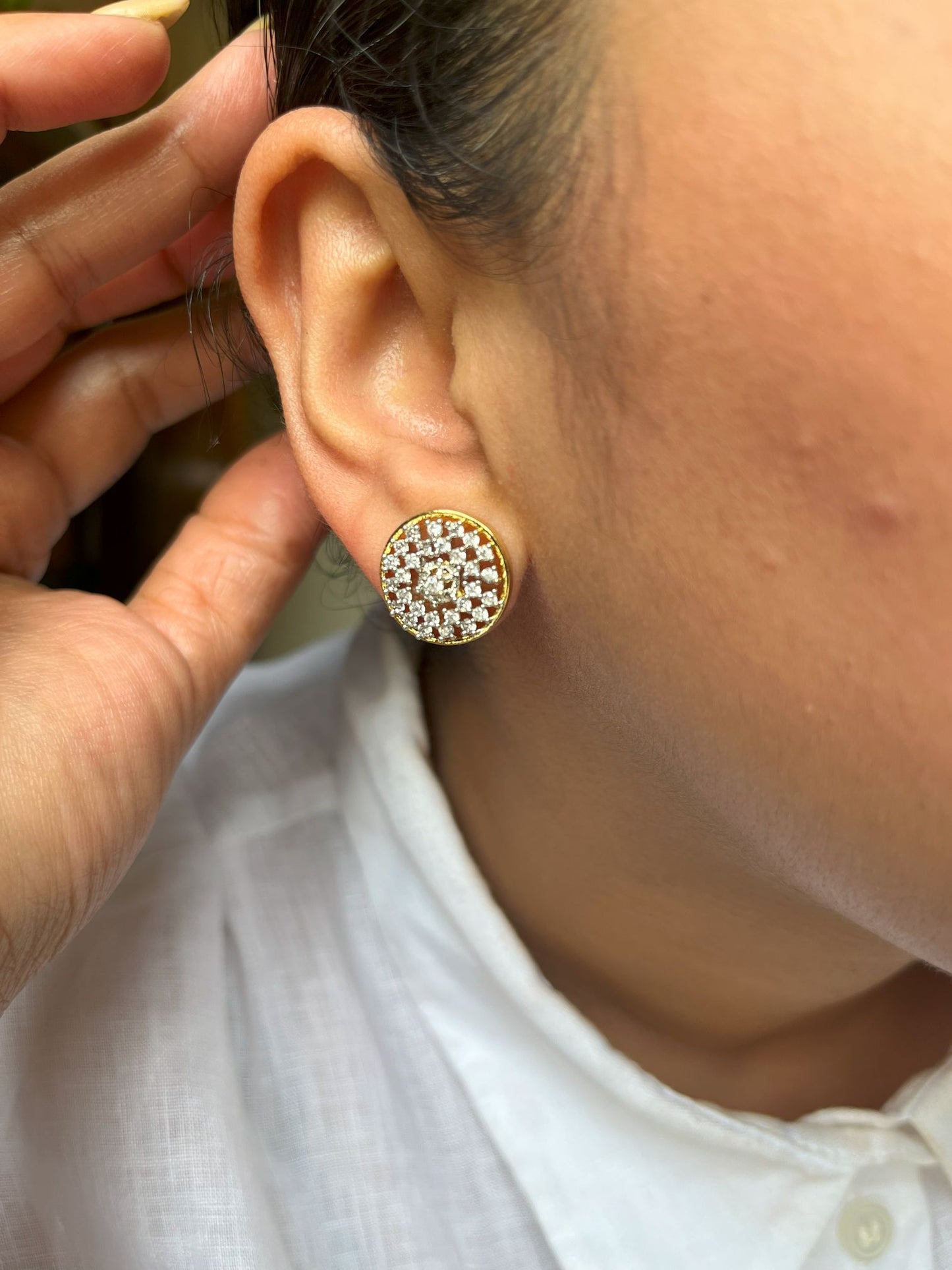 Shop Chandra Gold Plated Studs Earrings In AD in India. Shop AD earrings, bridal AD jewelry, AD necklace sets for weddings, engagements and parties.