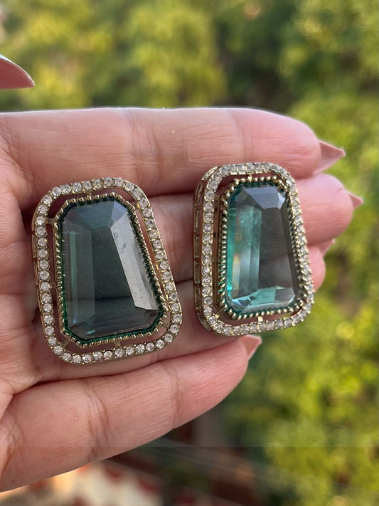 Shop Big Sea Green Glass Stone Studs In Mehendi Polish online in India. Shop from an exclusive range of CZ jewellery, gold plated, silver, mehendi polish earrings. -front
