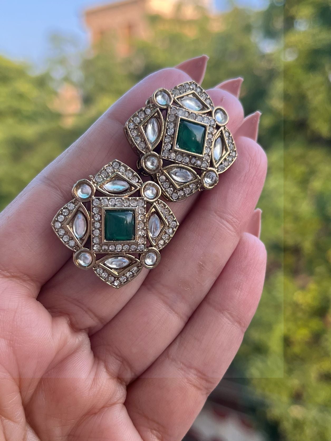 Shop Traditional Square Kundan Stud Earrings In Green online in India. Shop from an exclusive range of CZ jewellery, gold plated, silver, mehendi polish earrings.