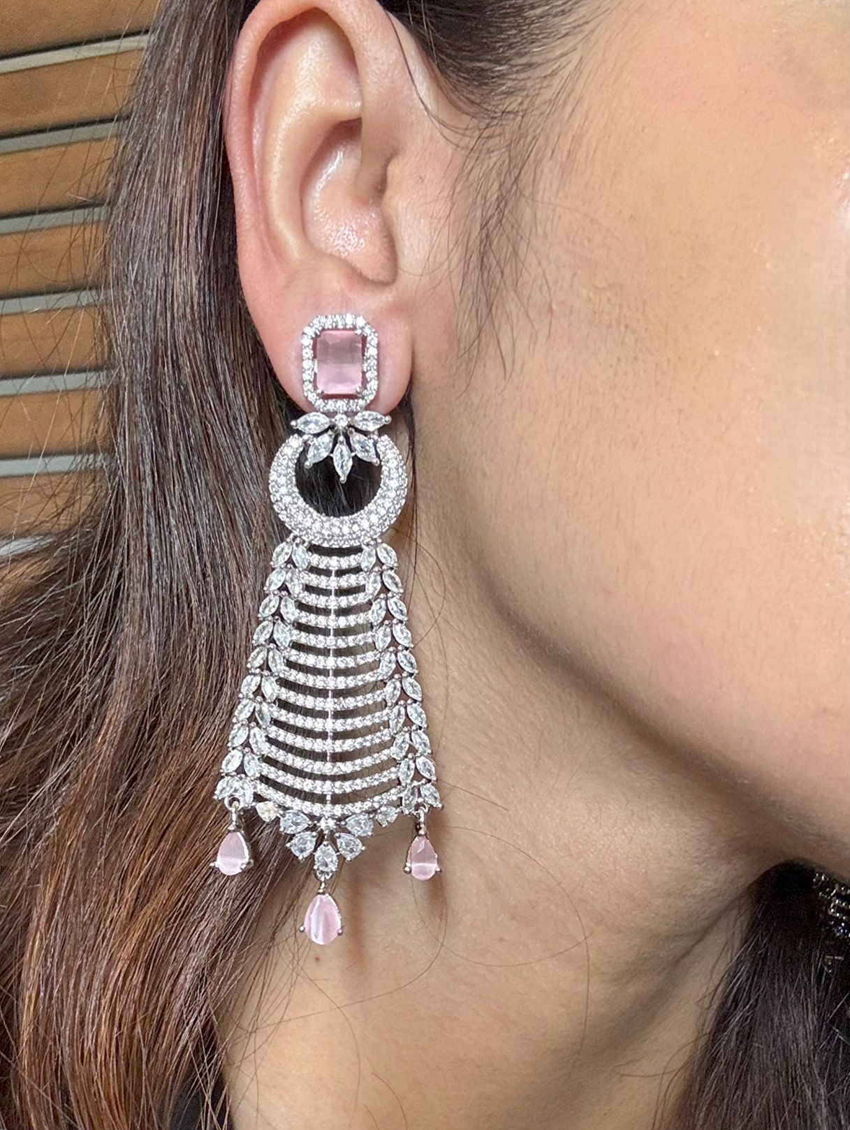 Shop Lyra Long Chandelier AD Earrings In Pink Stone online in India. Shop from an exclusive range of CZ jewellery, gold plated, silver, mehendi polish earrings.