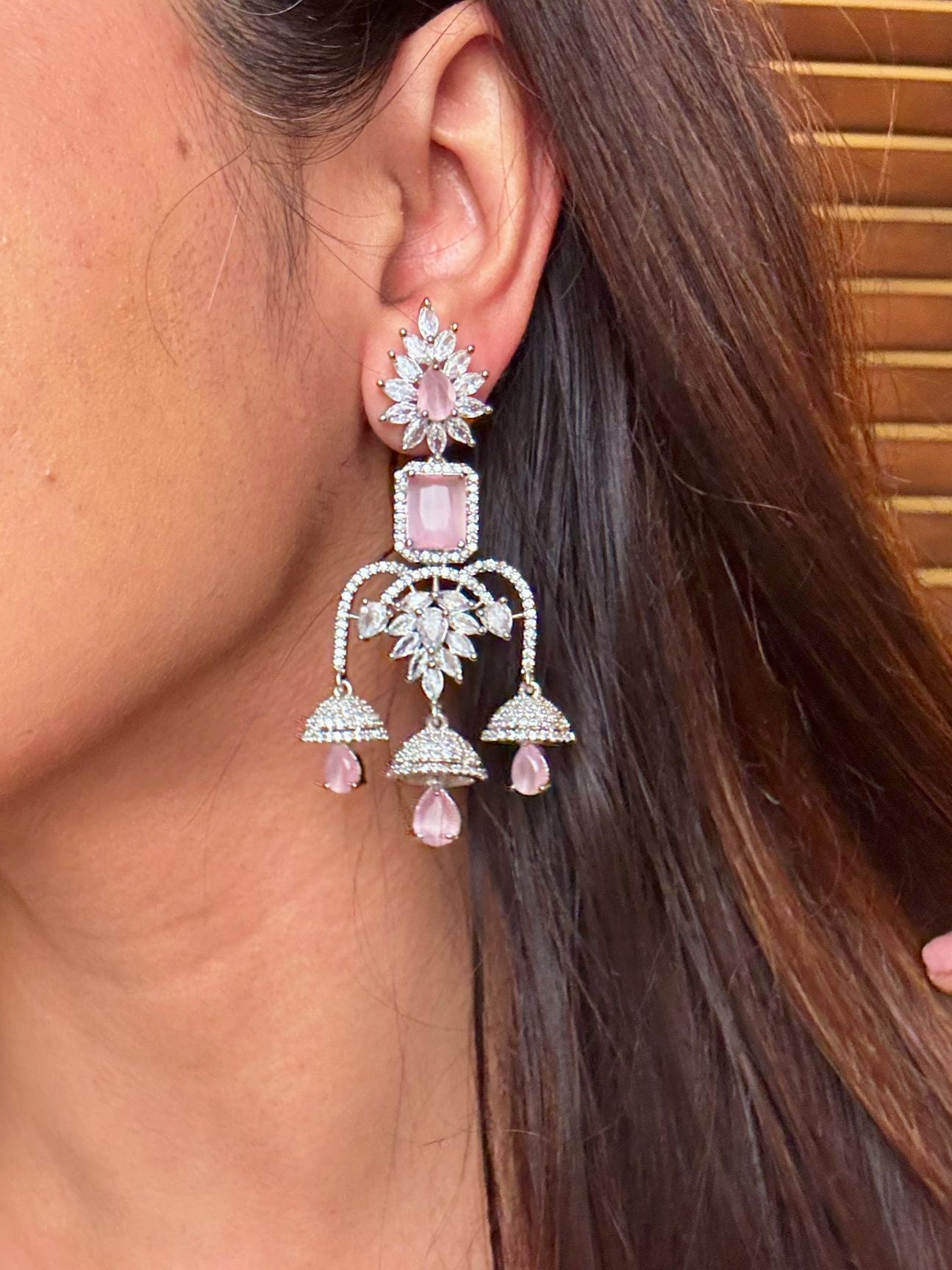 Shop Crystal Glow Heavy Chandelier AD Earrings In Pink Stone online in India. Shop from an exclusive range of CZ jewellery, gold plated, silver, mehendi polish earrings. -first