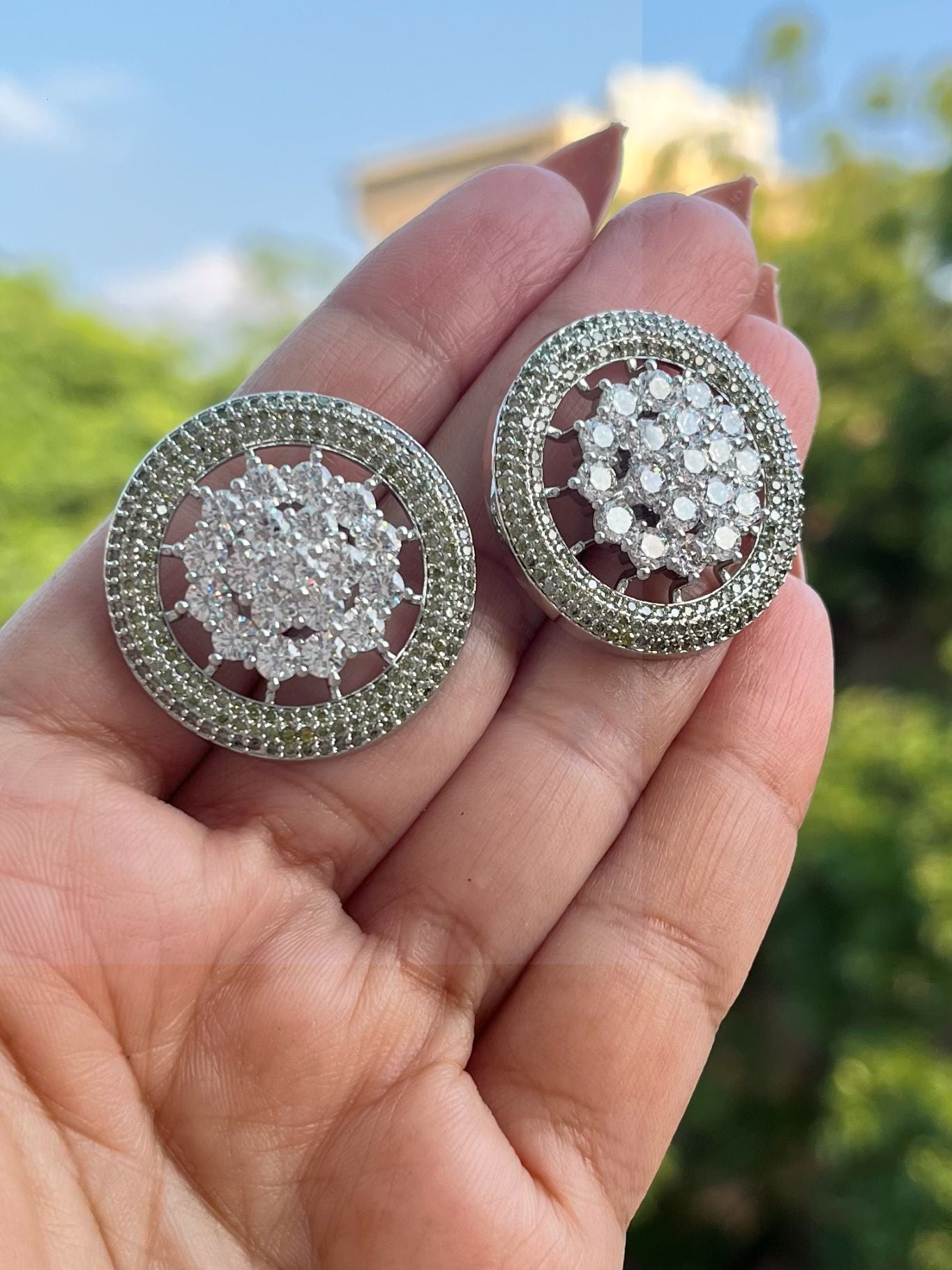 Shop CZ Stones Big Stud Earrings In Olive Green online in India. Shop AD earrings, bridal AD jewelry, AD necklace sets for weddings, engagements and parties.