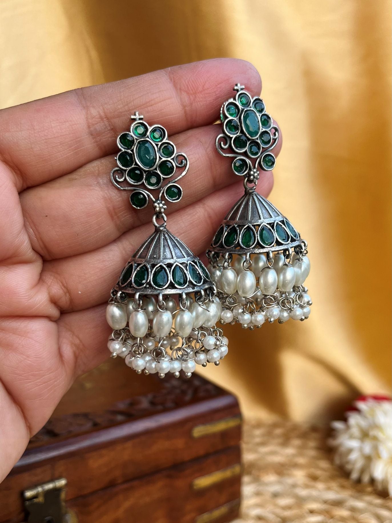 Shop Silver Plated Green Bareilly Jhumka With Pearl Drops online in India. Shop oxidized jewellery for festivals and office and daily wearing in affordable range.