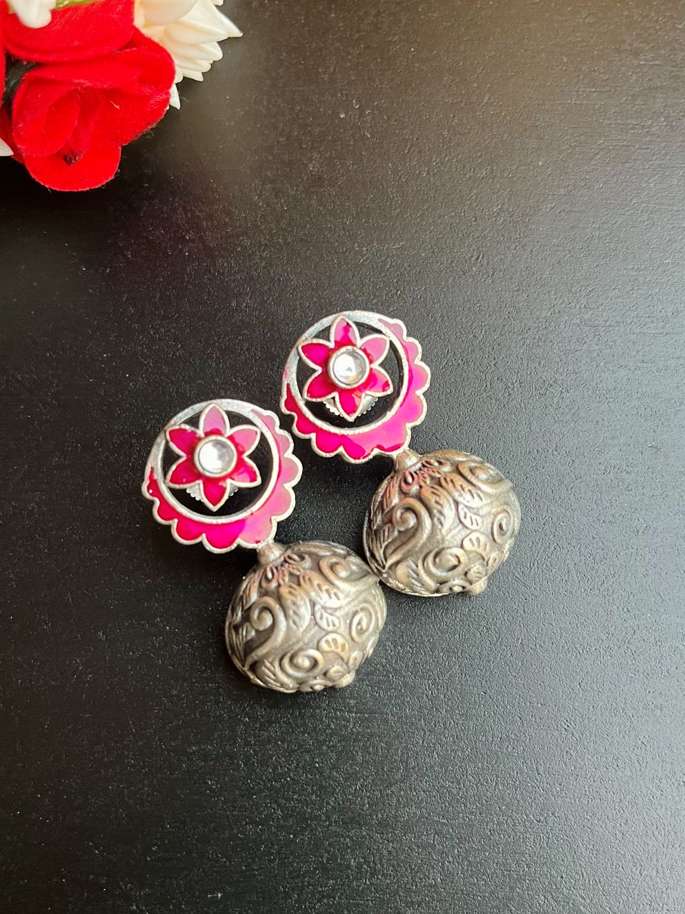Shop Faria Pink Enamel Earrings Antique Silver online in India. Shop oxidized jewellery for festivals and office and daily wearing in affordable range.