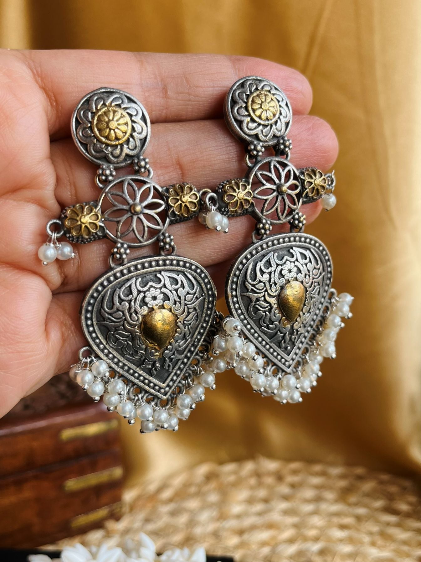 ER25A193 Navya Dual Tone Chandelier Pearl Drops Oxidised Earrings