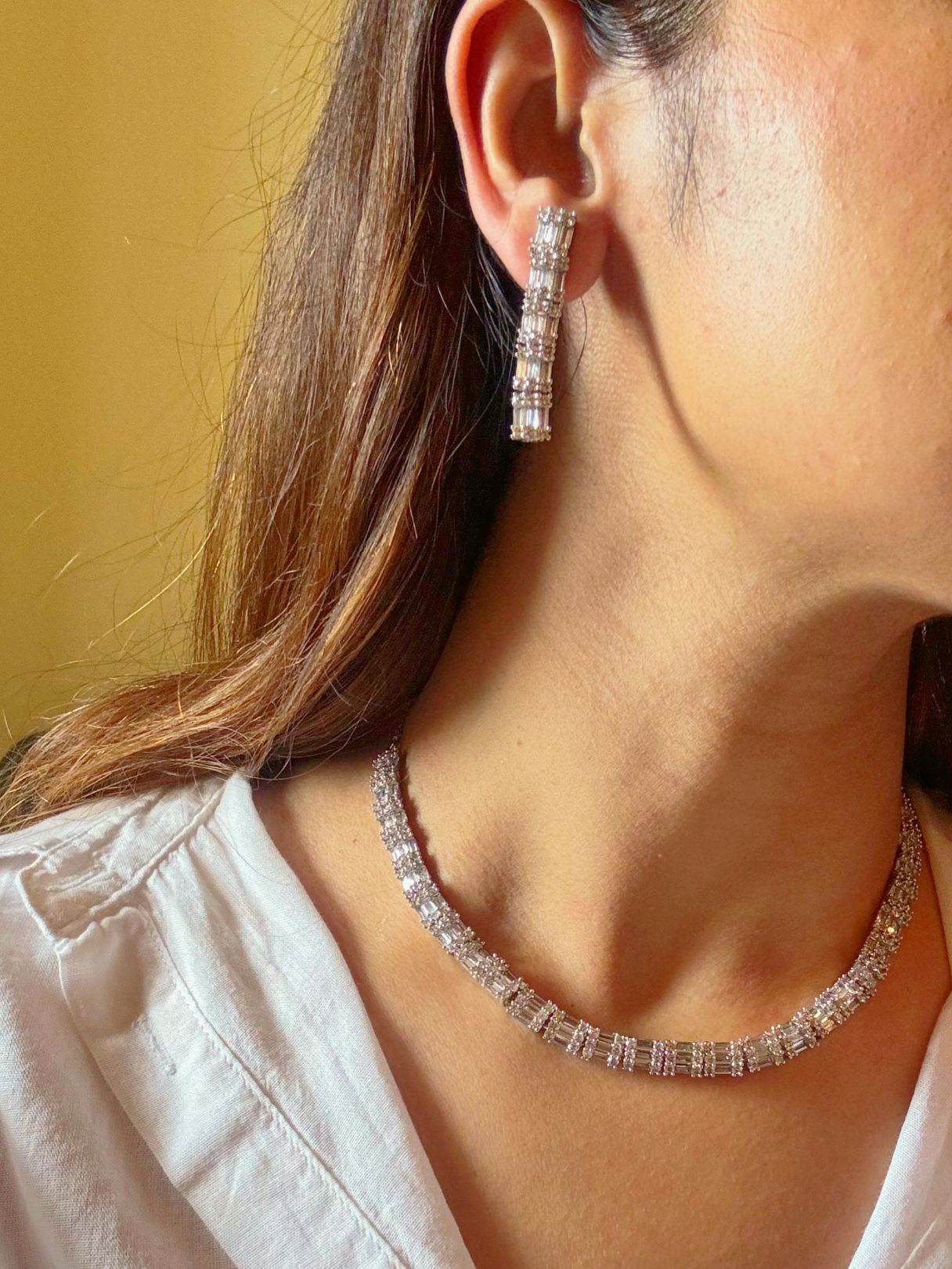 Shop Baguette Diamond AD String Necklace in India. Women of all age can buy online. Explore elegant bridal AD jewellery online. Shop premium bridal jewellery sets in Zircon, AD, Kundan, Victorian Diamond. Collection best suited for Indian weddings, parties and special occasions. Choose Diamond AD strings for sarees, lehengas and coats. side2