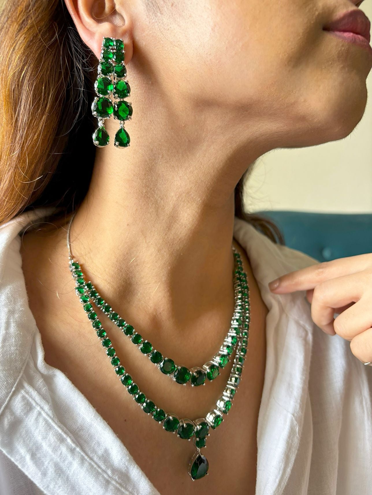 Shop Double Layer Doublet Stone Set In Green online in India. Explore elegant bridal AD jewellery online. Shop premium bridal jewellery sets in Zircon, AD, Kundan, Victorian Diamond. Collection best suited for Indian weddings, parties and special occasions. Choose AD Necklace in green stone for sarees, lehengas and gowns. -side