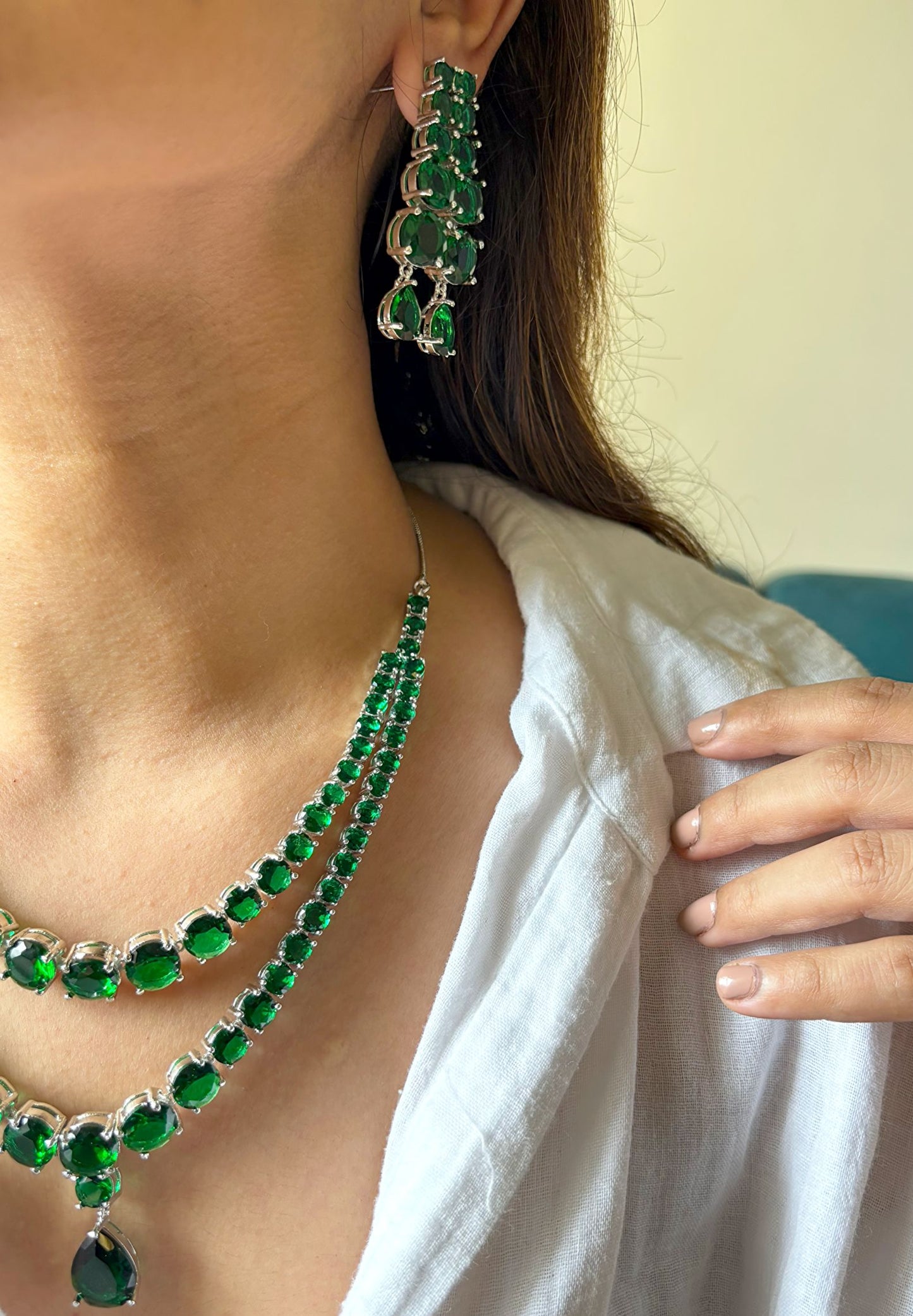 Shop Double Layer Doublet Stone Set In Green online in India. Explore elegant bridal AD jewellery online. Shop premium bridal jewellery sets in Zircon, AD, Kundan, Victorian Diamond. Collection best suited for Indian weddings, parties and special occasions. Choose AD Necklace in green stone for sarees, lehengas and gowns. -second