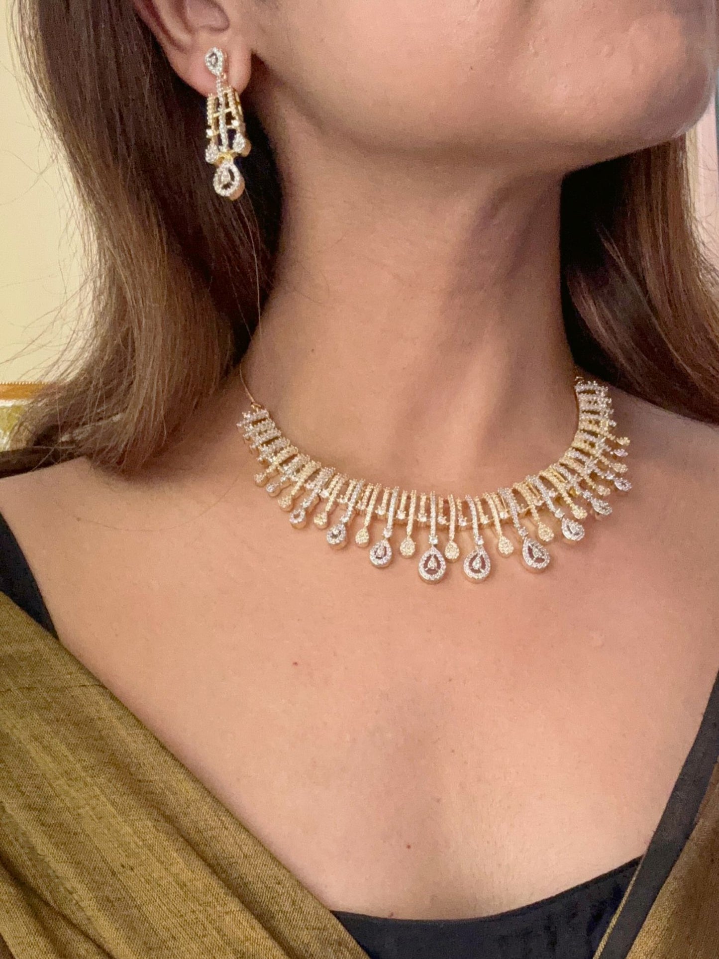 Shop Beautiful Gold Polish Set In AD For Sarees online in India. Explore elegant bridal AD jewellery online. Shop premium bridal jewellery sets in Zircon, AD, Kundan, Victorian Diamond. Collection best suited for Indian weddings, parties and special occasions. Choose AD Necklace in gold polish for sarees, lehengas and gowns. -second