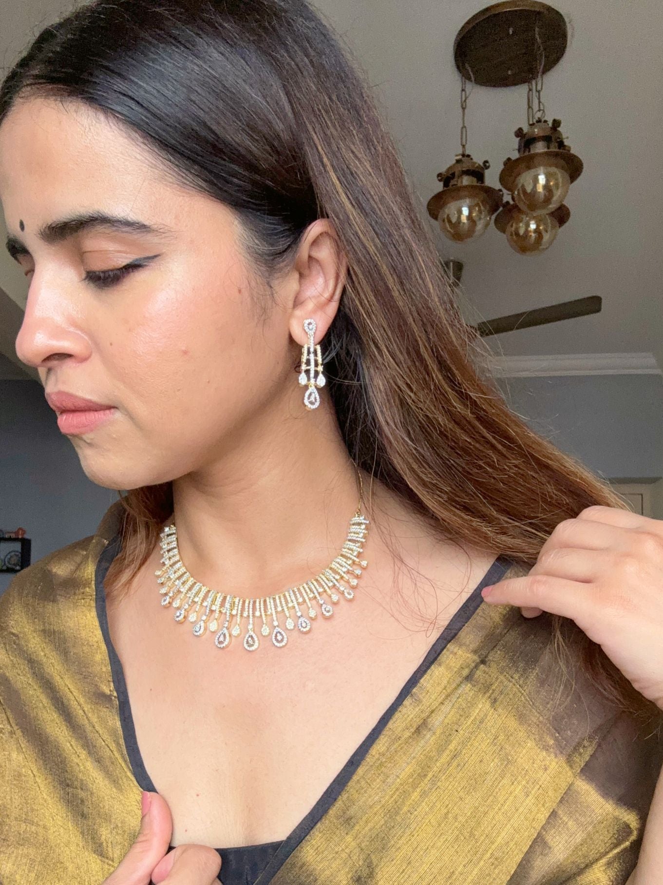 Shop Beautiful Gold Polish Set In AD For Sarees online in India. Explore elegant bridal AD jewellery online. Shop premium bridal jewellery sets in Zircon, AD, Kundan, Victorian Diamond. Collection best suited for Indian weddings, parties and special occasions. Choose AD Necklace in gold polish for sarees, lehengas and gowns. -full