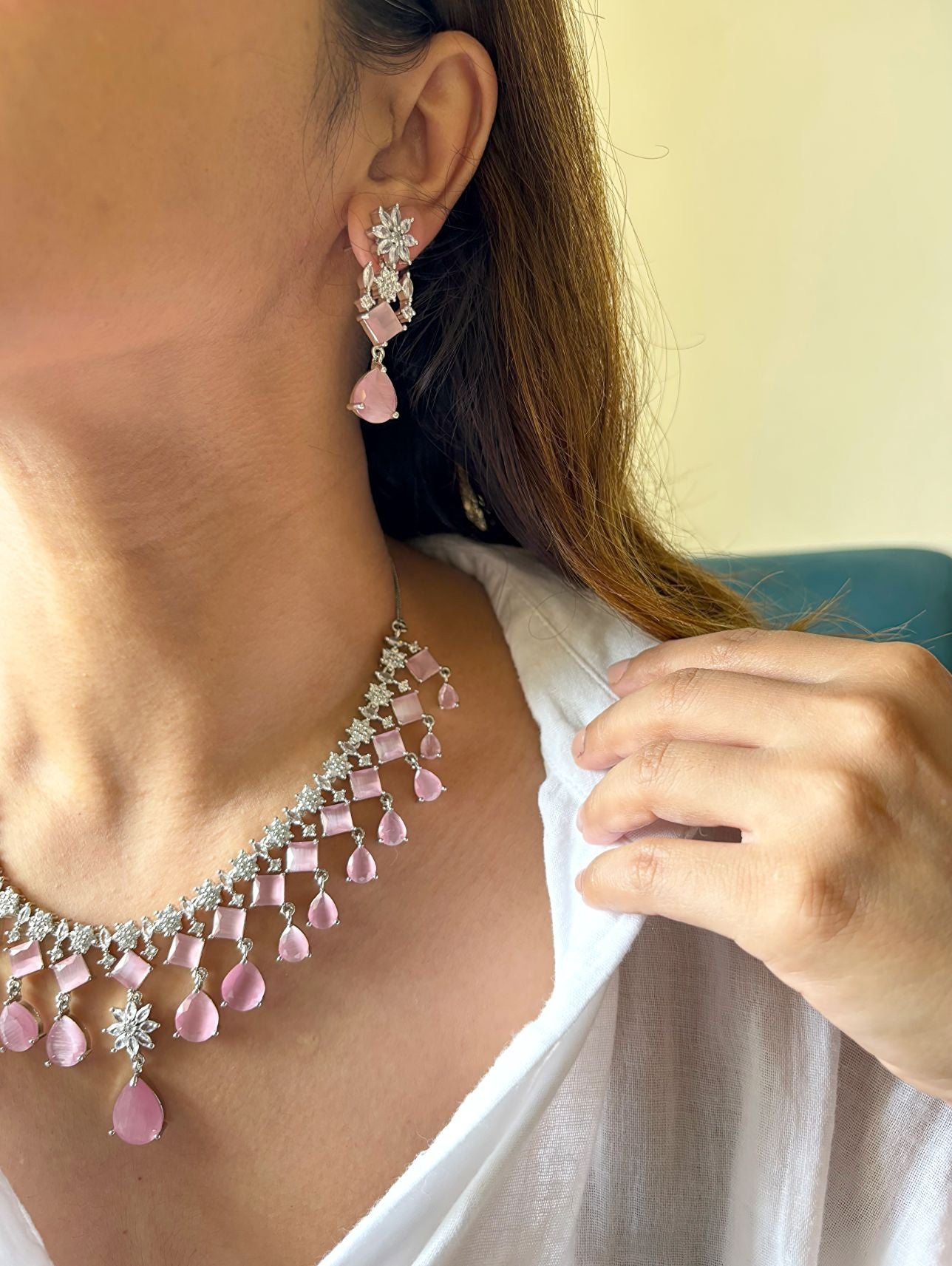 Shop Doublet Pink Stone Wedding Necklace In AD online in India. Explore elegant bridal AD jewellery online. Shop premium bridal jewellery sets in Zircon, AD, Kundan, Victorian Diamond. Collection best suited for Indian weddings, parties and special occasions. Choose AD Necklace in pink stone for sarees, lehengas and gowns. -front