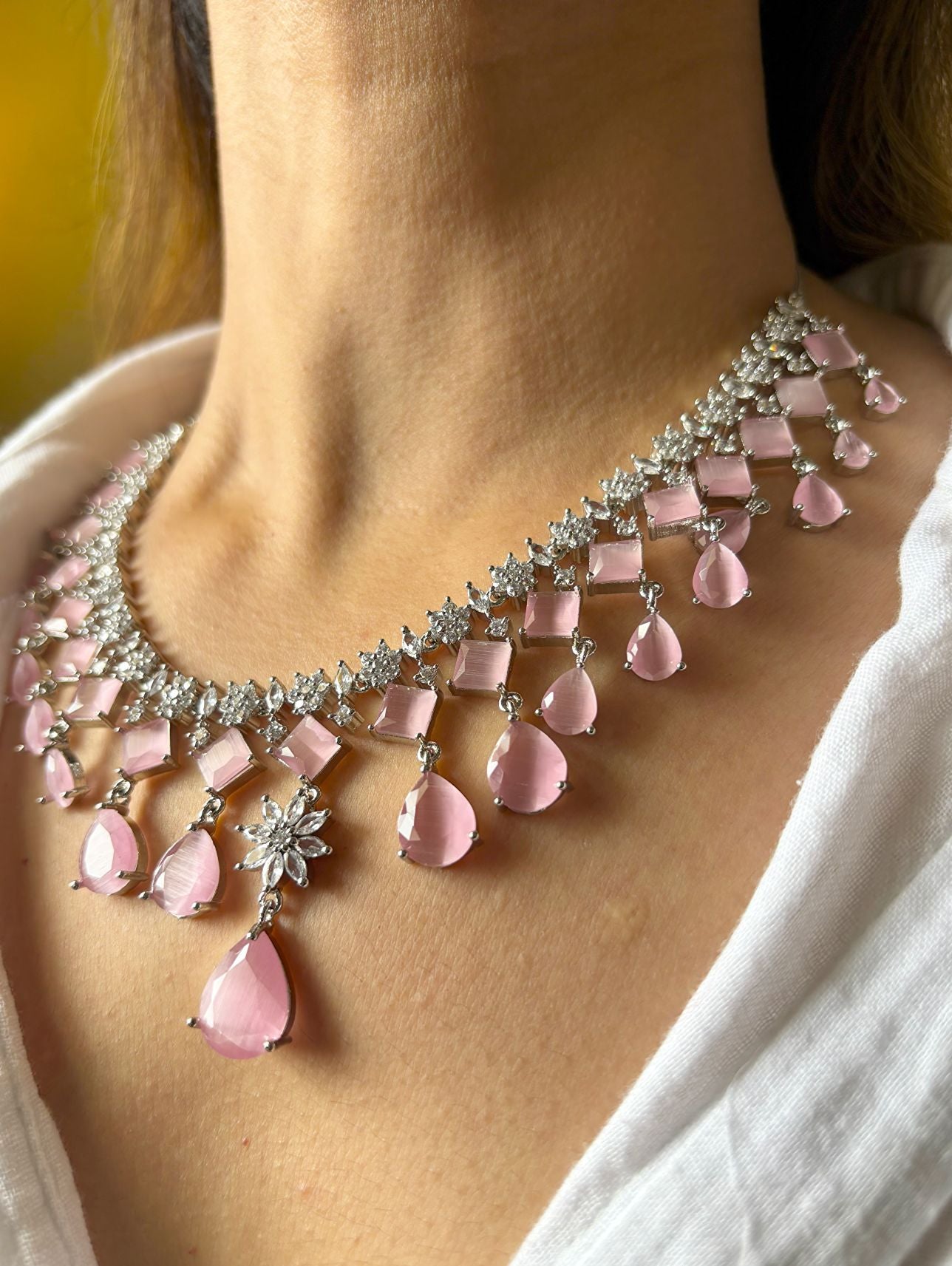 Shop Doublet Pink Stone Wedding Necklace In AD online in India. Explore elegant bridal AD jewellery online. Shop premium bridal jewellery sets in Zircon, AD, Kundan, Victorian Diamond. Collection best suited for Indian weddings, parties and special occasions. Choose AD Necklace in pink stone for sarees, lehengas and gowns. -upper