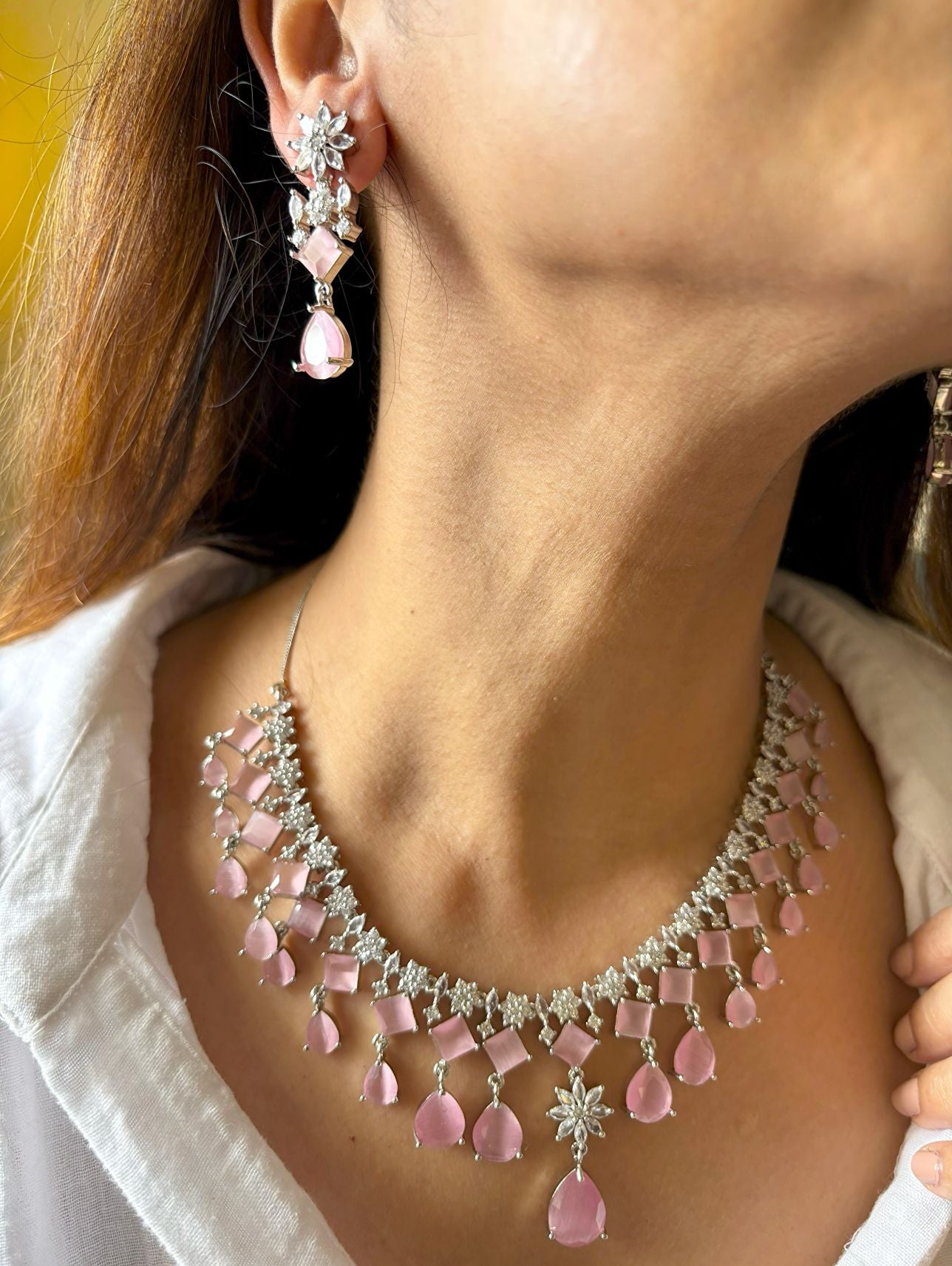 Shop Doublet Pink Stone Wedding Necklace In AD online in India. Explore elegant bridal AD jewellery online. Shop premium bridal jewellery sets in Zircon, AD, Kundan, Victorian Diamond. Collection best suited for Indian weddings, parties and special occasions. Choose AD Necklace in pink stone for sarees, lehengas and gowns. -side