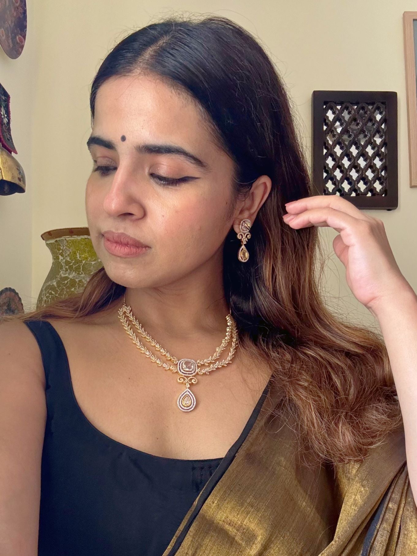 Shop Beautiful Gold Polish Set In AD For Sarees online in India. Explore elegant bridal AD jewellery online. Shop premium bridal jewellery sets in Zircon, AD, Kundan, Victorian Diamond. Collection best suited for Indian weddings, parties and special occasions. Choose AD Necklace in gold polish for sarees, lehengas and gowns. -fourth