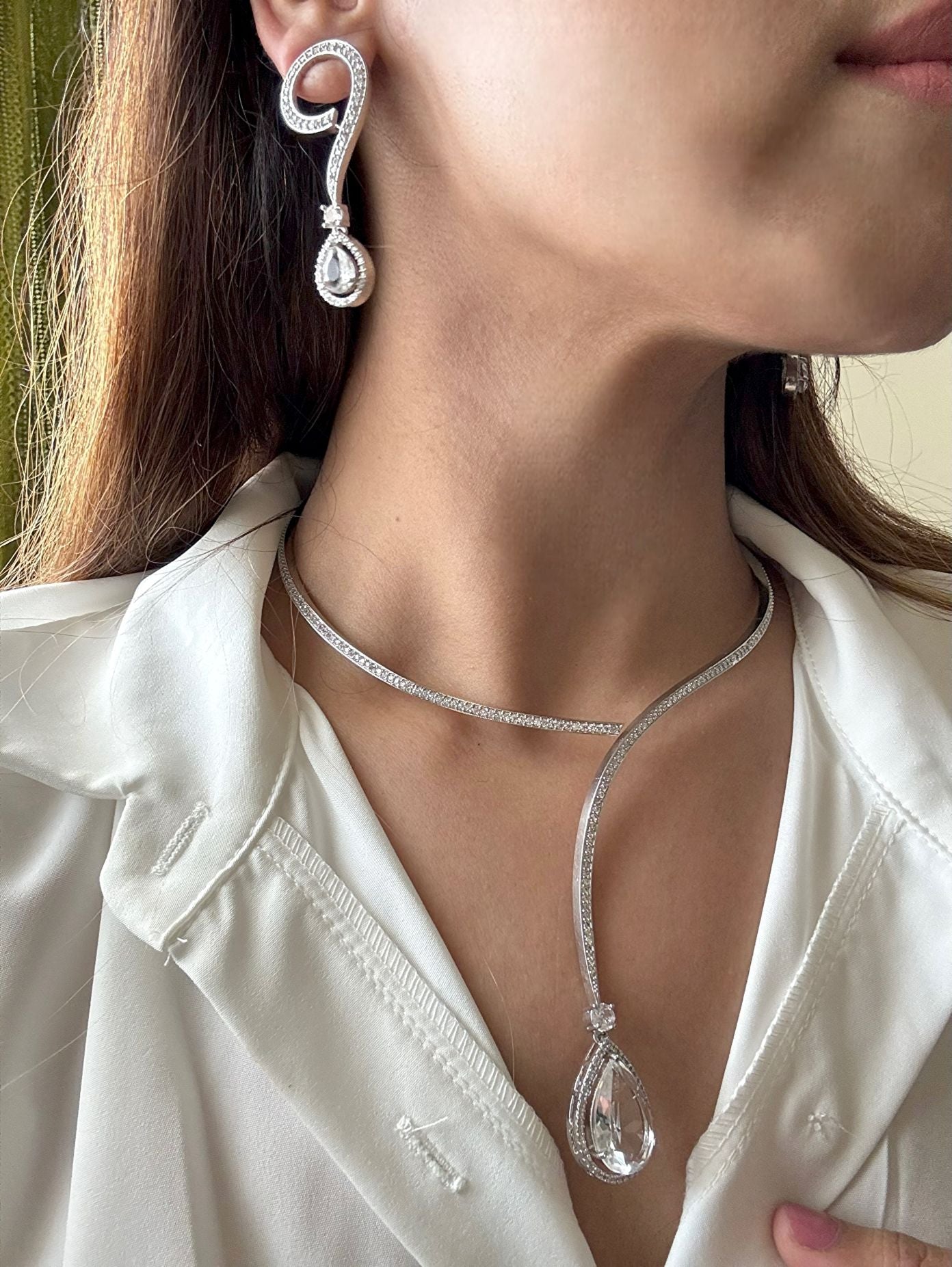 Shop Hasli Set With White Drop in AD online in India. Perfect for brides seeking elegant AD jewellery online. Explore premium bridal jewellery online in AD, ideal for Indian weddings and special occasions. Shop AD jewellery in green stone online. -second