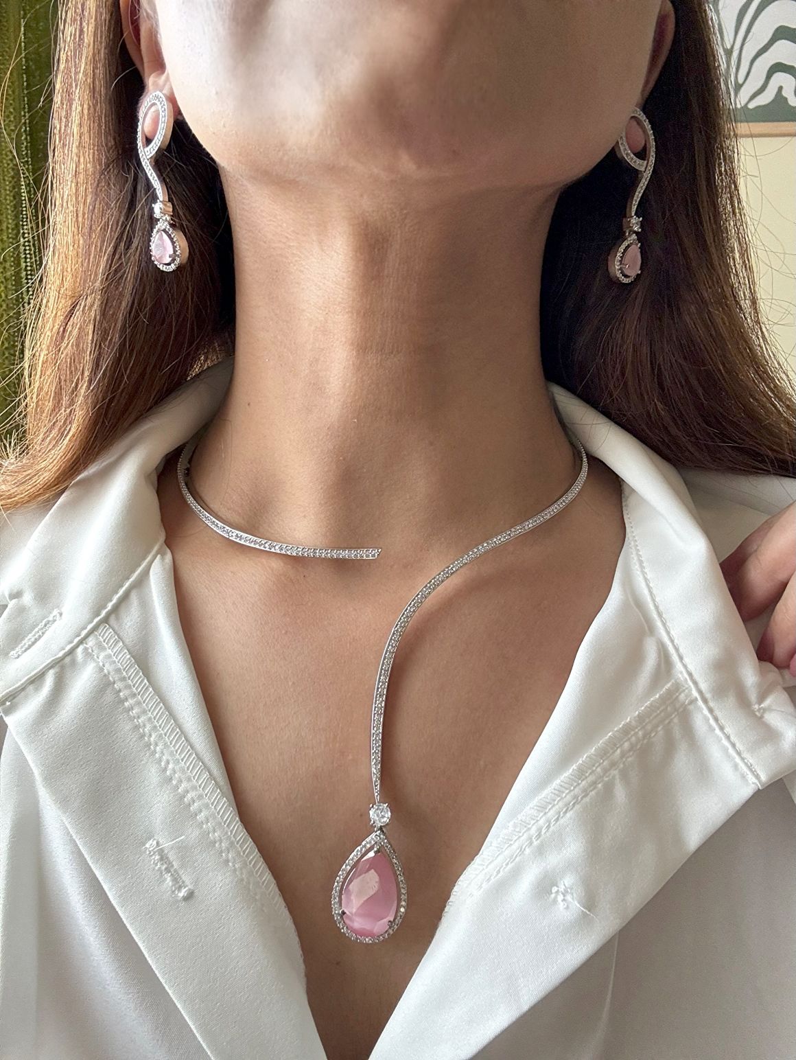 NL25A040 Hasli Set With Pink Drop in AD