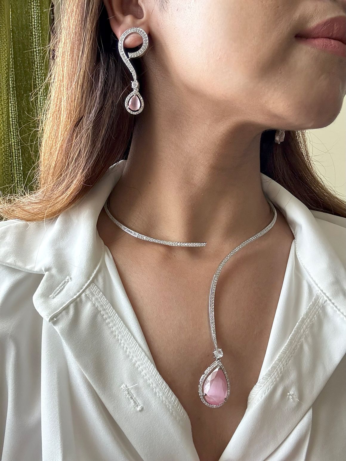 NL25A040 Hasli Set With Pink Drop in AD