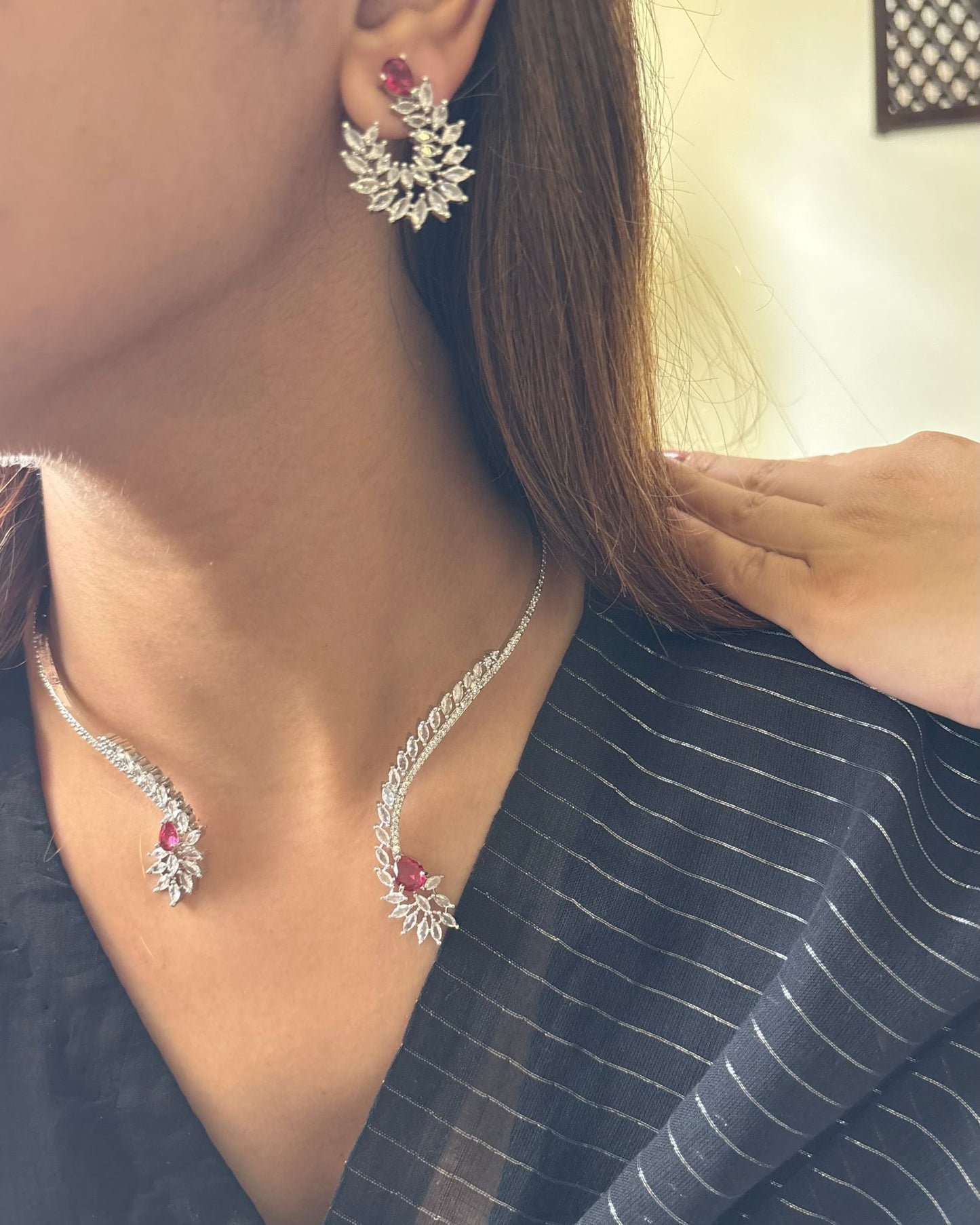 Shop For Hasli Set With Floral Design in AD & Red Stone Online in India. Perfect for brides seeking elegant AD jewellery online. Explore premium bridal jewellery online in AD, ideal for Indian weddings and special occasions. Shop AD jewellery in green stone online. -front