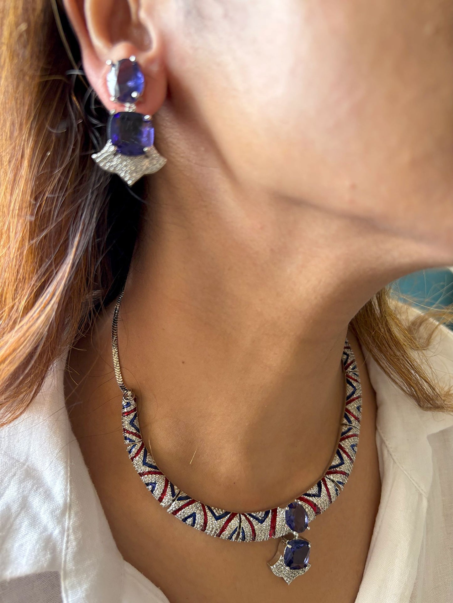 Shop Hasli Set With Purple Drop With Maang Teeka in AD & Nano Setting Stones Online in India. Perfect for brides seeking elegant AD jewellery online. Explore premium bridal jewellery online in AD, ideal for Indian weddings and special occasions. Shop AD jewellery in nano setting stones.-second