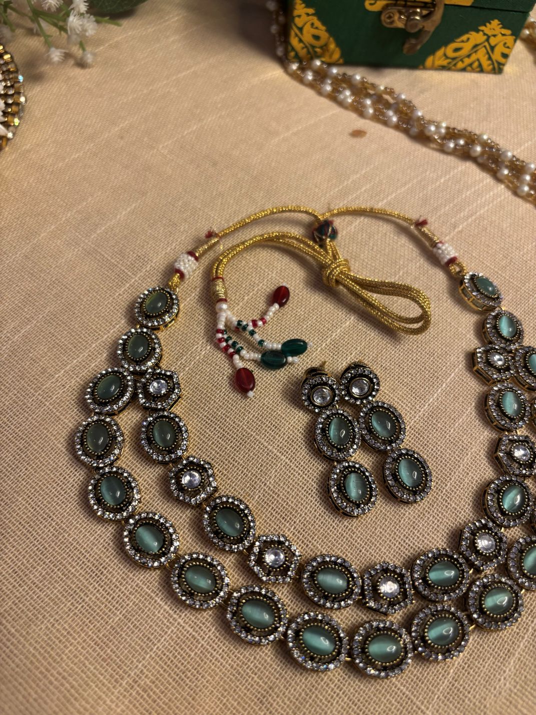 NL25A055 Two Layered Mint Green Stone Necklace In AD