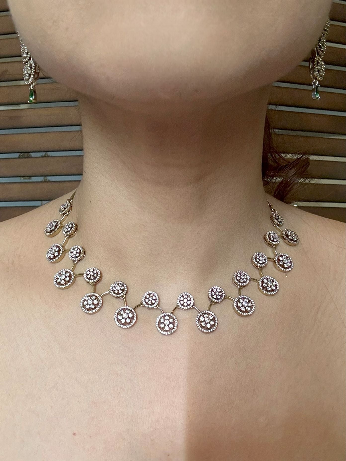 Buy Green Antique Polish Light Partywear Set in AD online in India with earrings. Shop an exclusive range of zircon jewellery, Indian wedding jewelry, kundan jewellery, AD earrings, AD necklace. -first