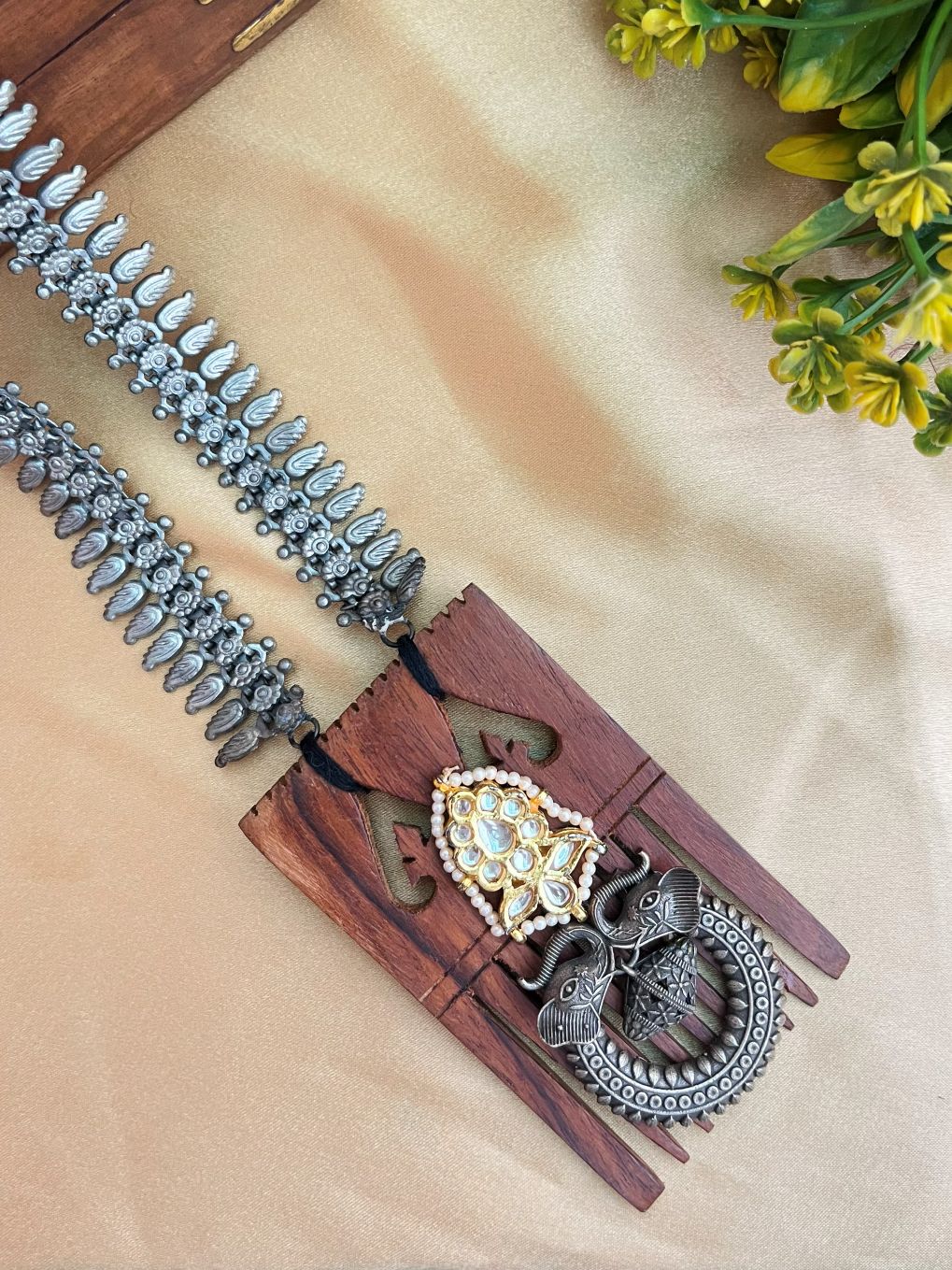 Buy Dual Tone Oxidized Silver & Long Wooden Necklace online in India. Shop an exclusive range of oxidized jewellery for daily wearing and office wearing. -third