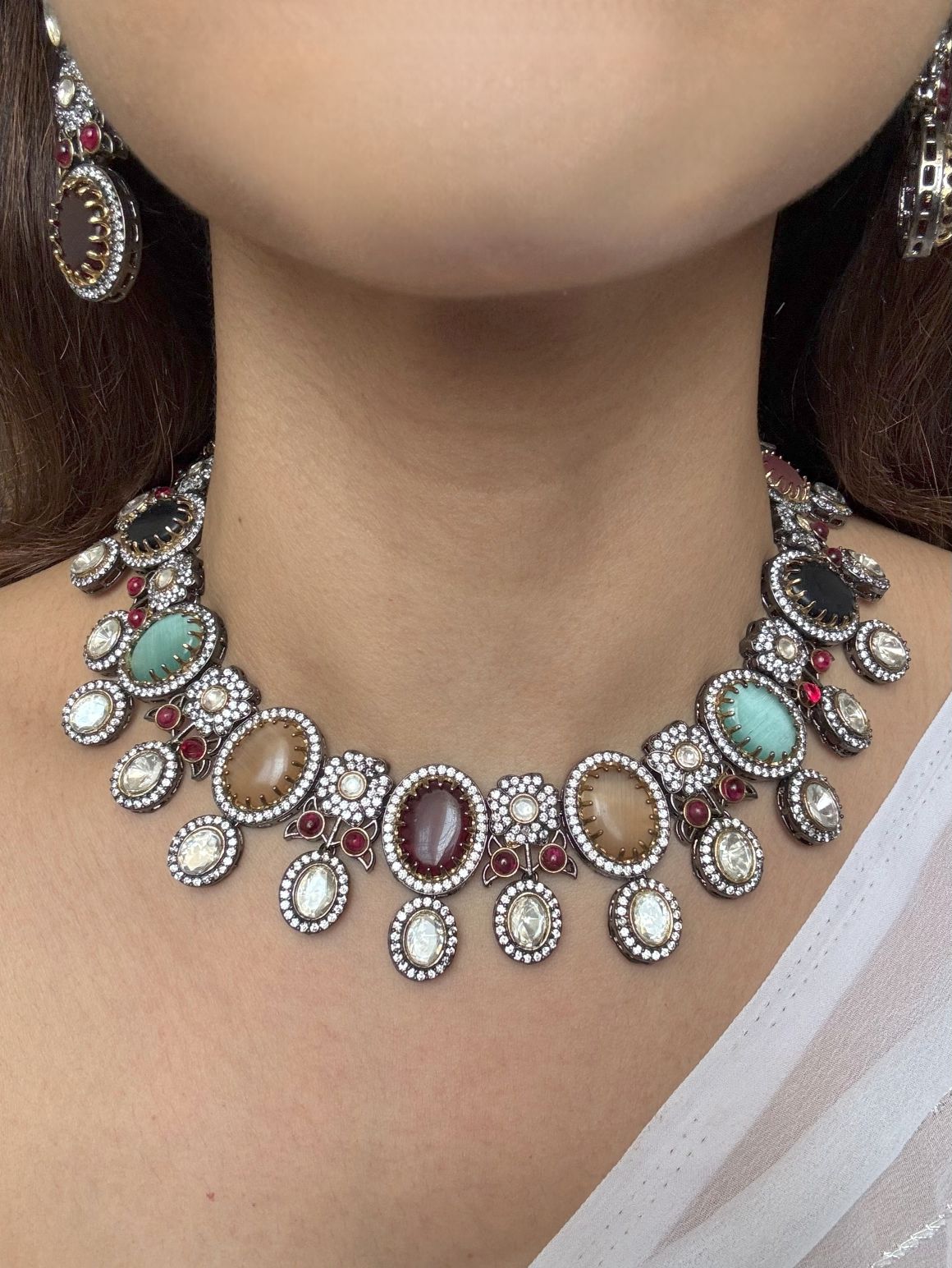 NL25A100 Sabya Inspired Premium Navratan Necklace In AD & Kundan