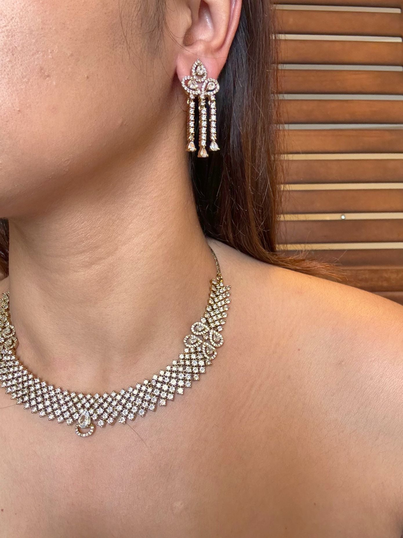 Buy Ashna Antique Polish AD Necklace online in India. Shop from an exclusive range of CZ jewellery, moissanite jewellery, AD necklace, Kundan necklace for weddings. -second