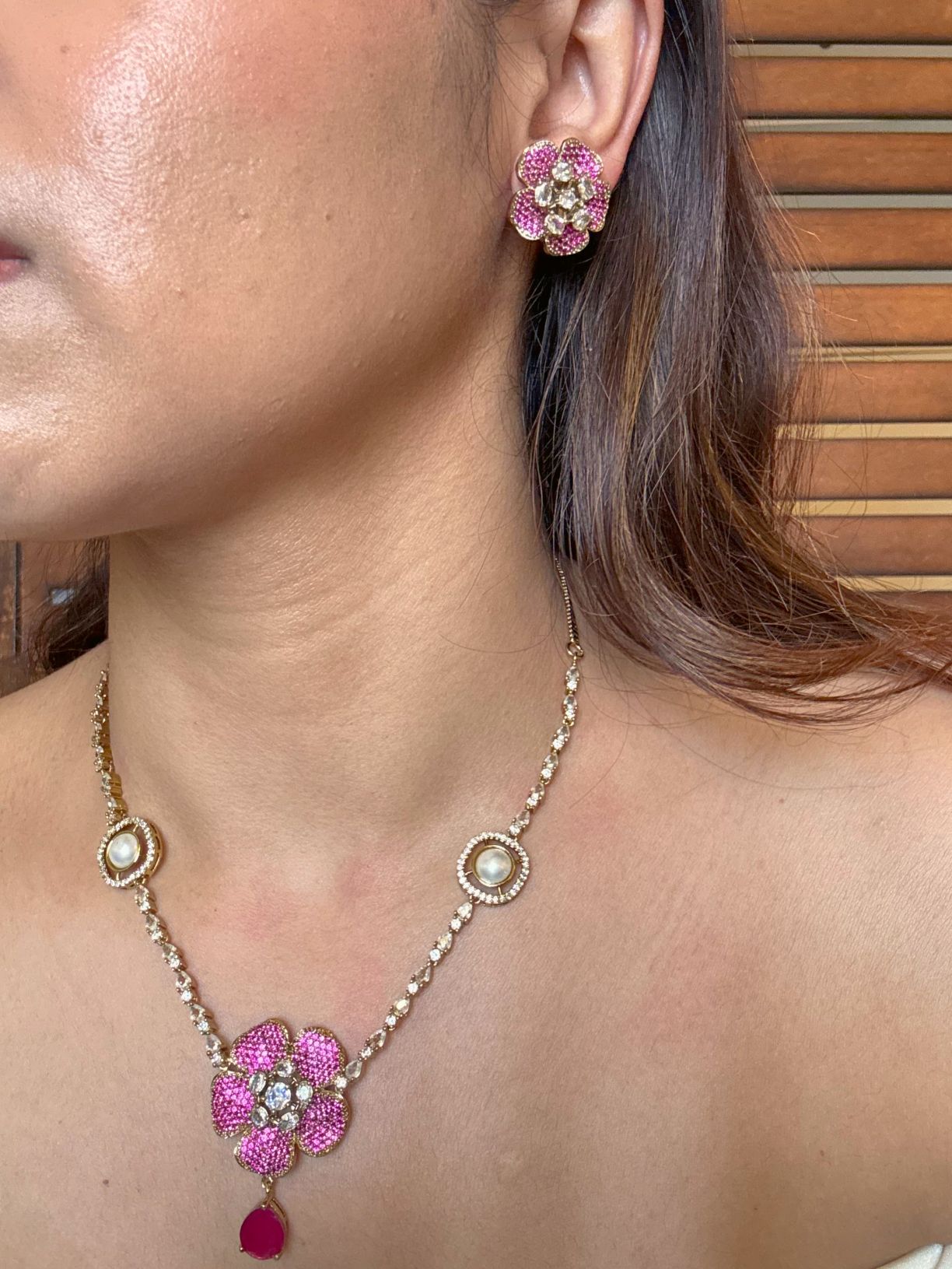 Buy Qaynat Contemporary Nano Setting Pendant Necklace In Pink online in India. Shop from an exclusive range of CZ jewellery, moissanite jewellery, AD necklace, Kundan necklace for weddings. -second