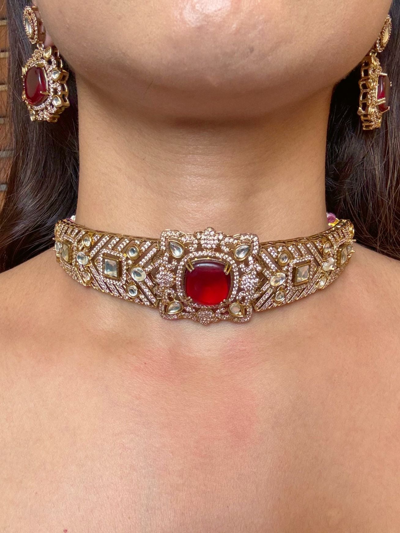 Buy Eshani Gold Polish AD Kundan Choker Necklace In Red online in India. Shop from an exclusive range of moissanite jewellery, AD necklace, Kundan necklace for weddings. -first