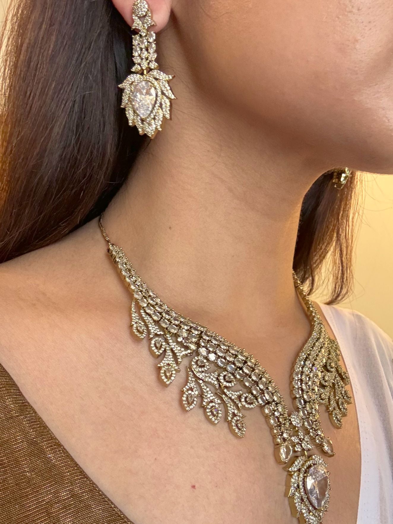 Buy Celestial Cascade AD Statement Necklace In White online in India. Shop from an exclusive range of jewellery, AD necklace, Kundan necklace for weddings. -second