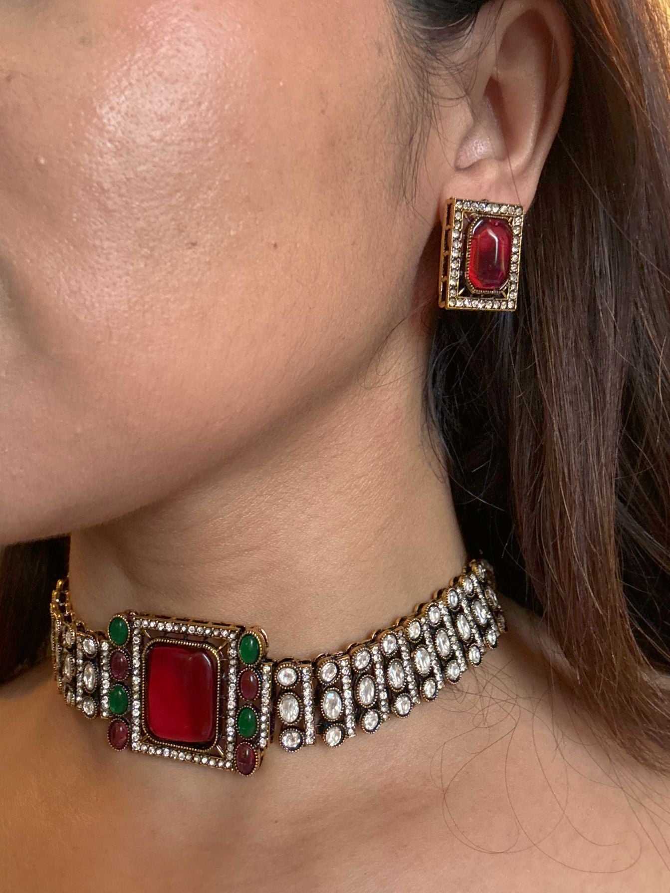 Buy Regal Pink Moissanite Choker With Stud Earrings online in India. Shop from an exclusive range of jewellery, AD necklace, Kundan necklace for weddings. -second