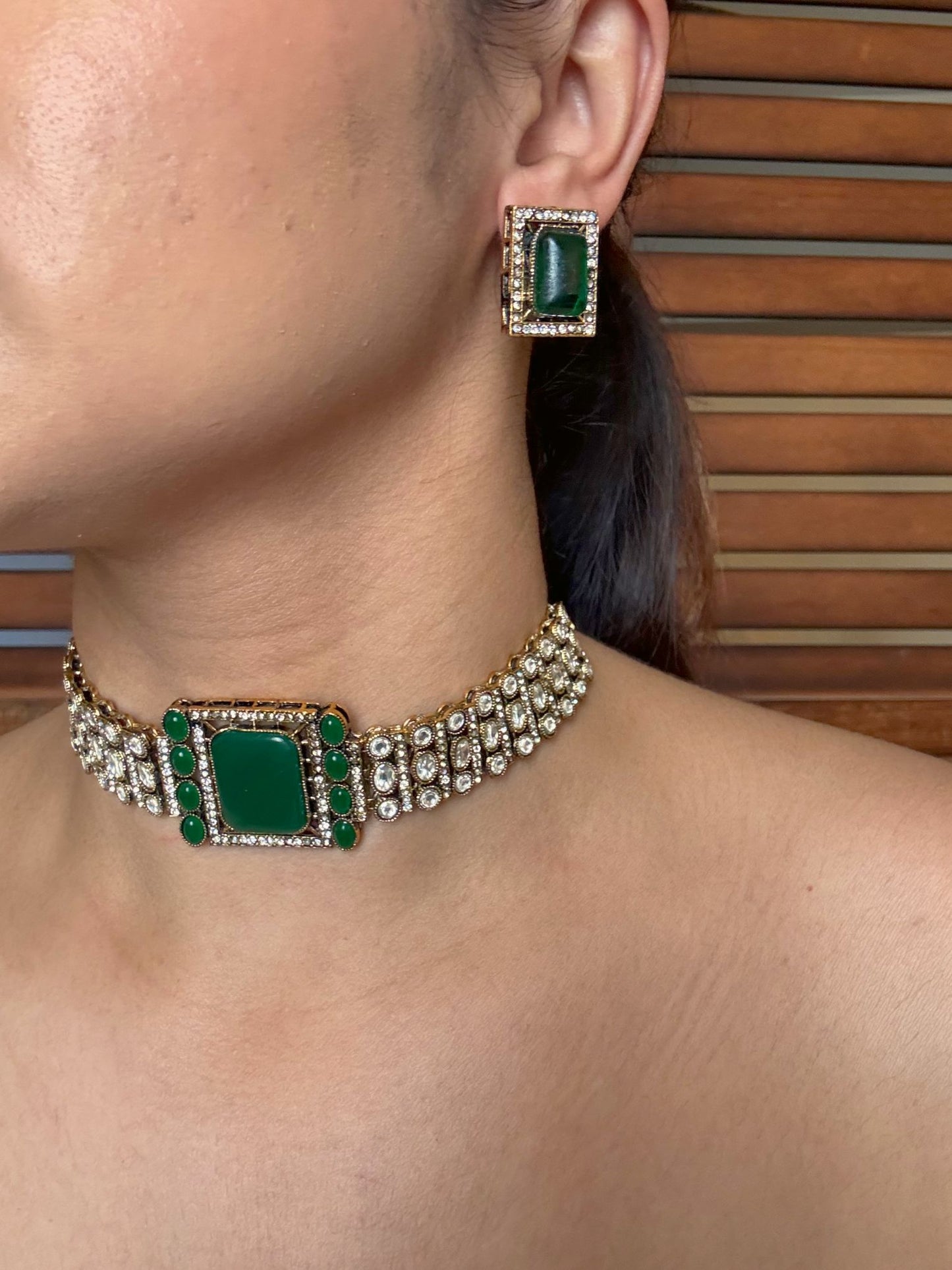 Buy Regal Green Moissanite Choker With Stud Earrings online in India. Shop from an exclusive range of jewellery, AD necklace, Kundan necklace for weddings. -second