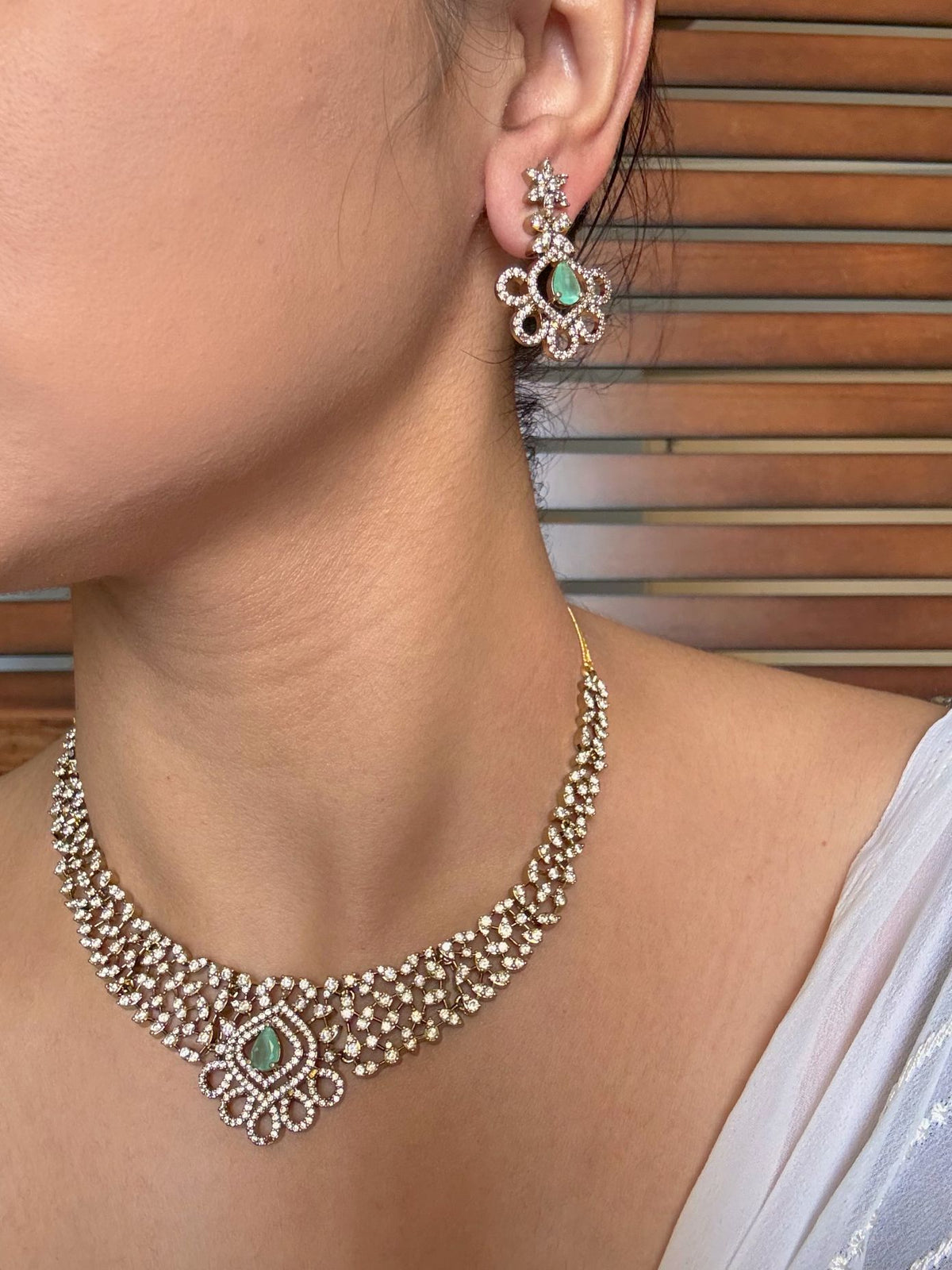 ShopSuganda Elegant AD Necklace In Mint Green With Earrings online in India. Shop from an exclusive range of jewellery, gold imitation necklace, brass necklace for weddings. -second