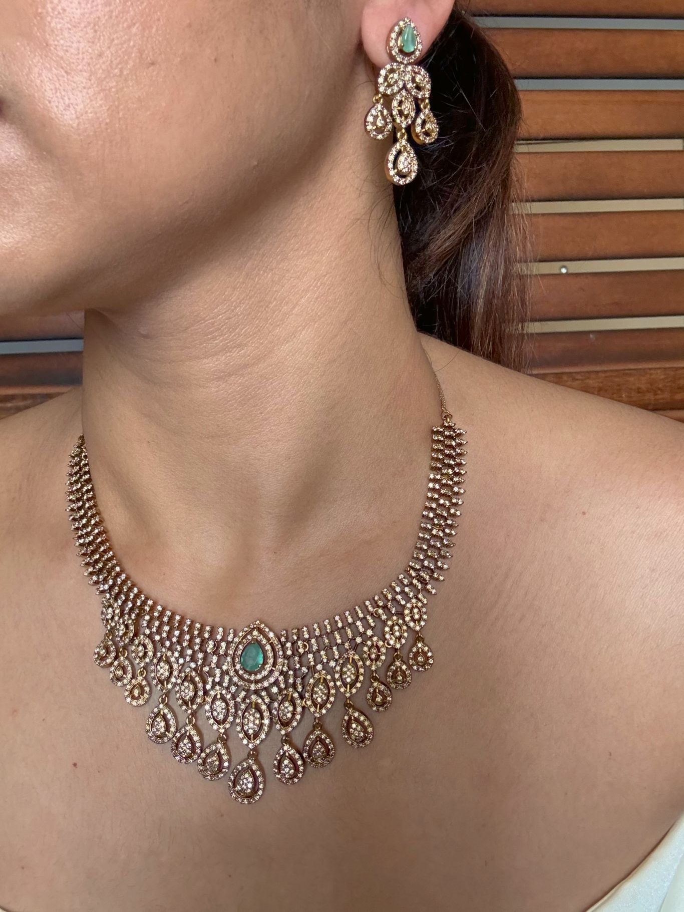 Buy jharna antique AD necklace set online in India in mint green stone. Shop from an exclusive range of jewellery, AD necklace, Kundan necklace for weddings. -second