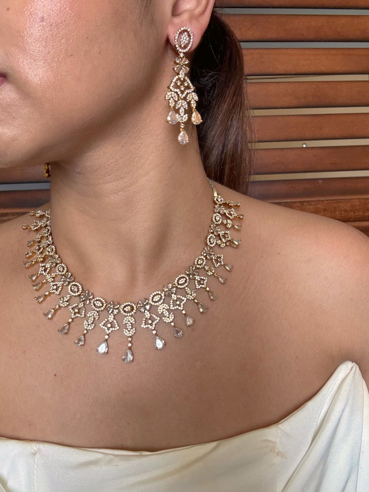 Buy Mehrunisa Crystal Glow AD Necklace In White online in India. Shop from an exclusive range of jewellery, AD necklace, Kundan necklace for weddings. -side